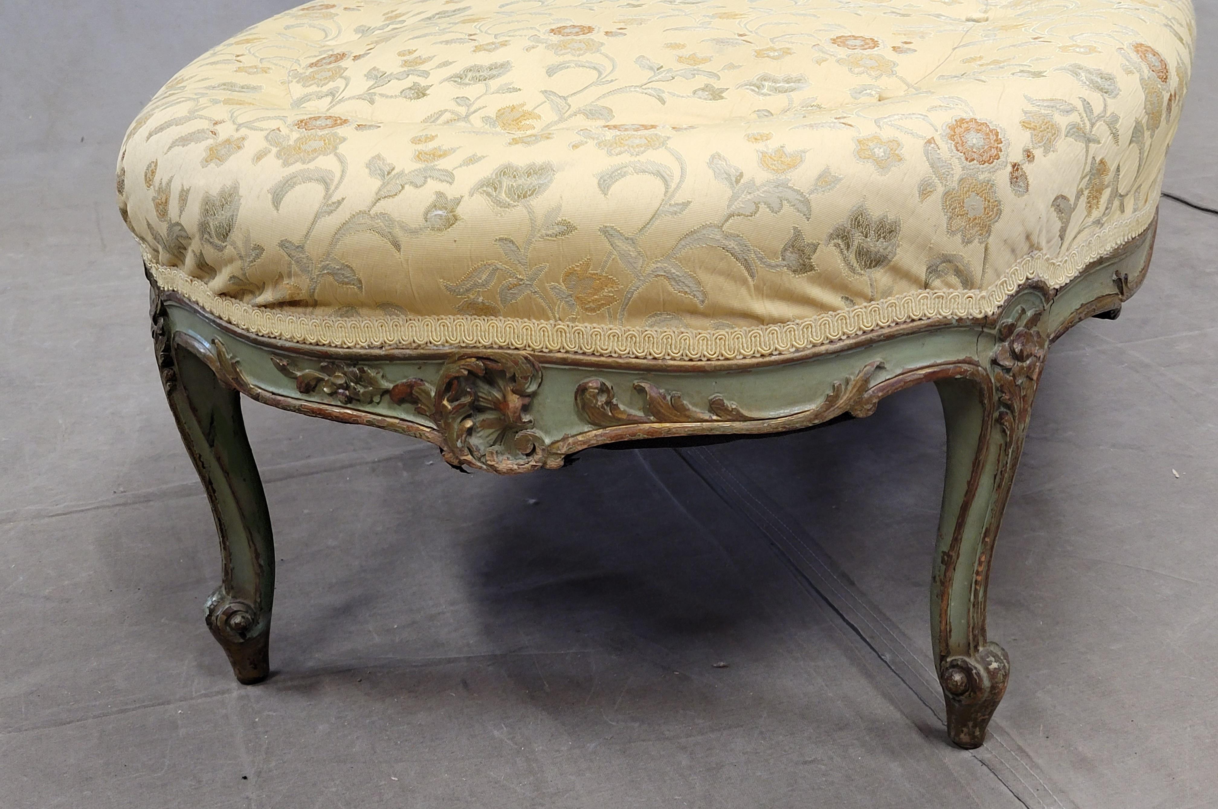 Fabric Antique French Louis XV Style Chaise Lounge with Brocade Upholstery