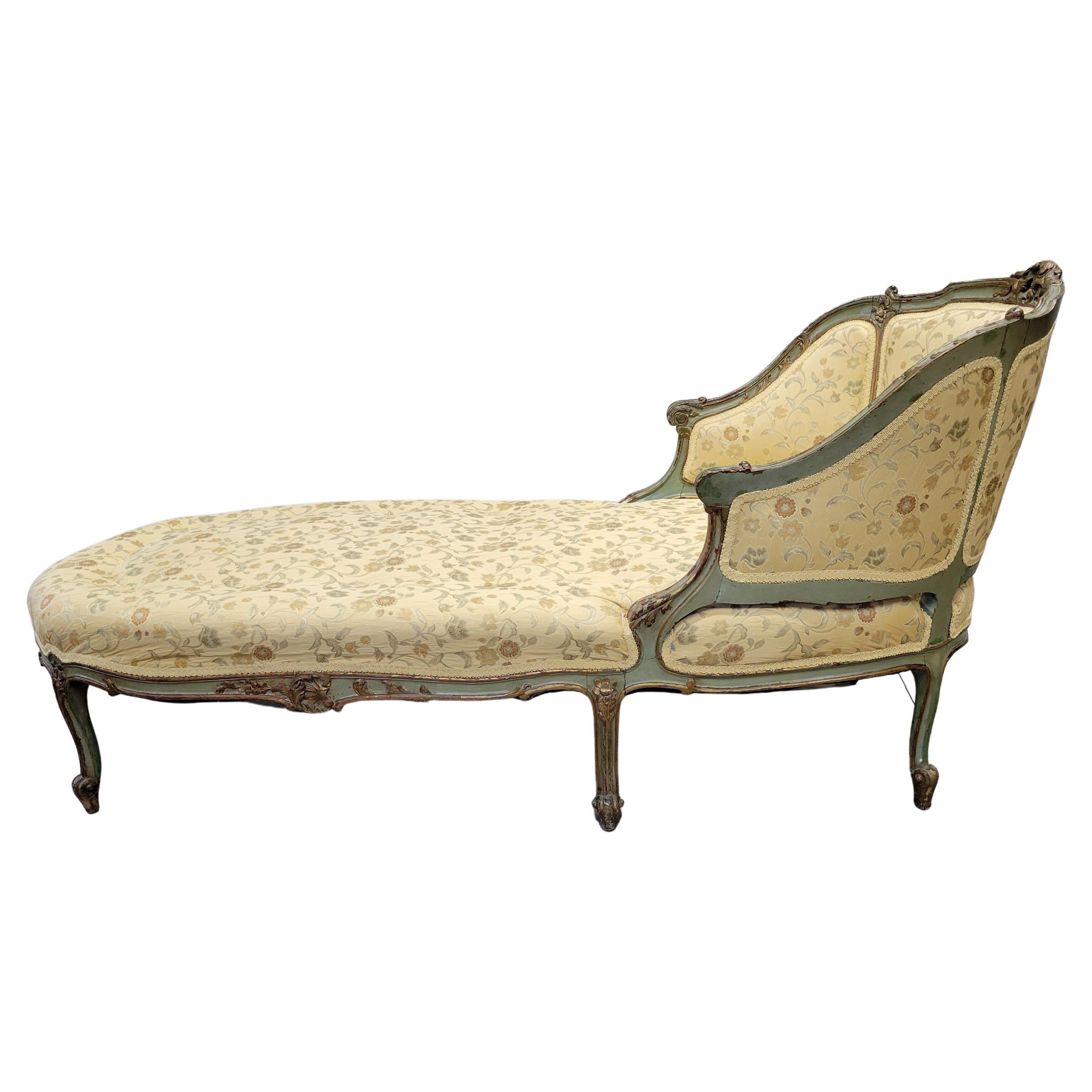 Antique French Louis XV Style Chaise Lounge with Brocade Upholstery