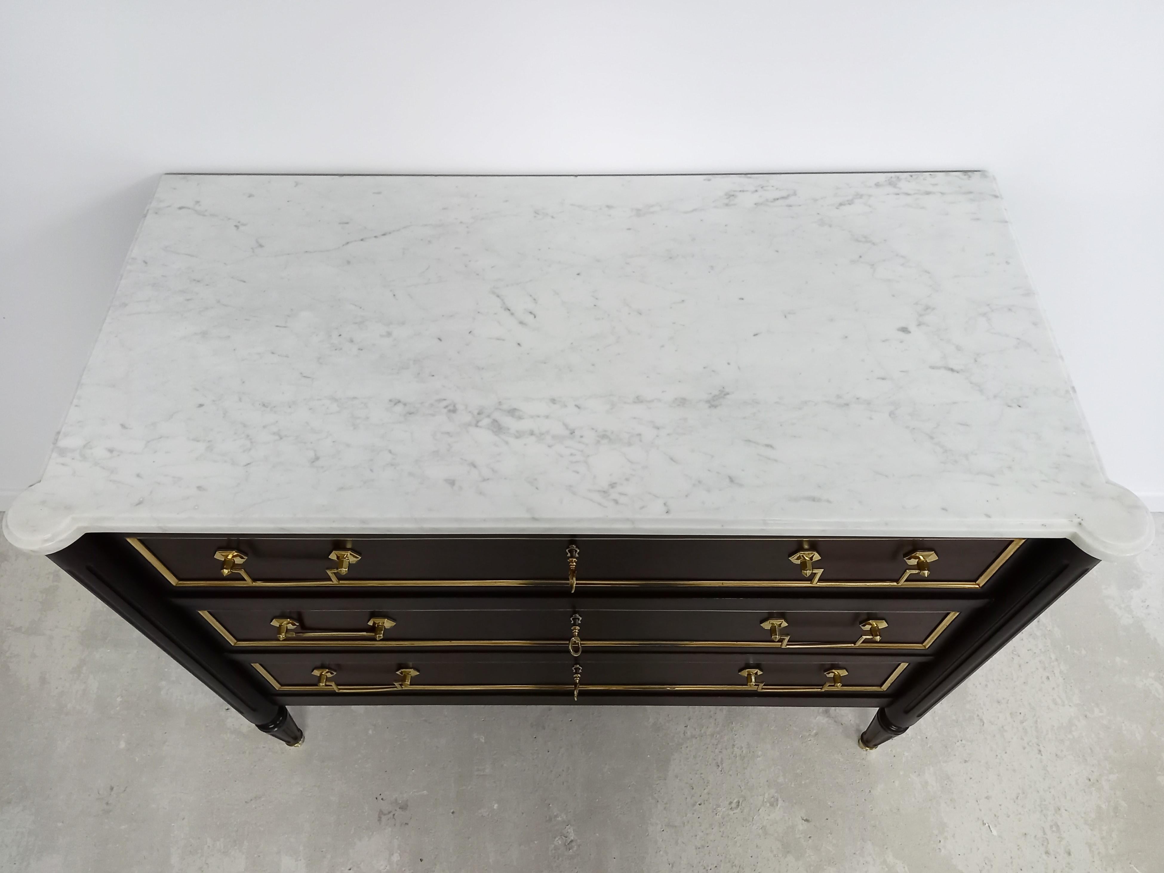Antique French Louis XVI Chest of Drawers Commode Carrara Marble, Bronze & Brass 8