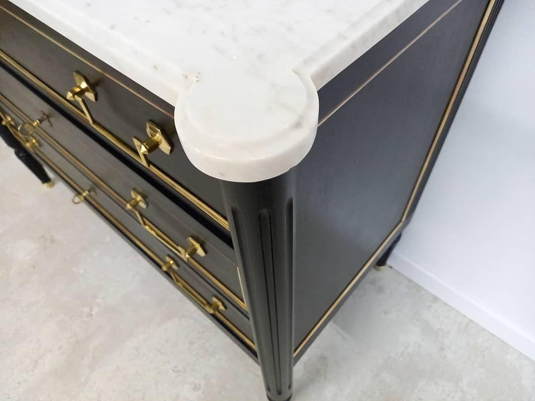Antique French Louis XVI Chest of Drawers Commode Carrara Marble, Bronze & Brass 3