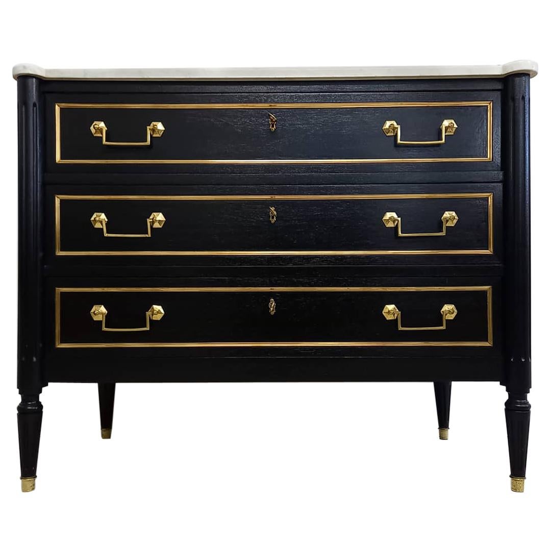 Antique French Louis XVI Chest of Drawers Commode Carrara Marble, Bronze & Brass
