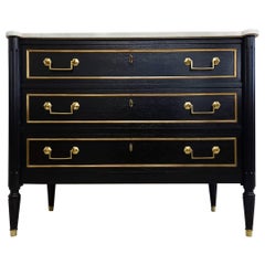 Antique French Louis XVI Chest of Drawers Commode Carrara Marble, Bronze & Brass