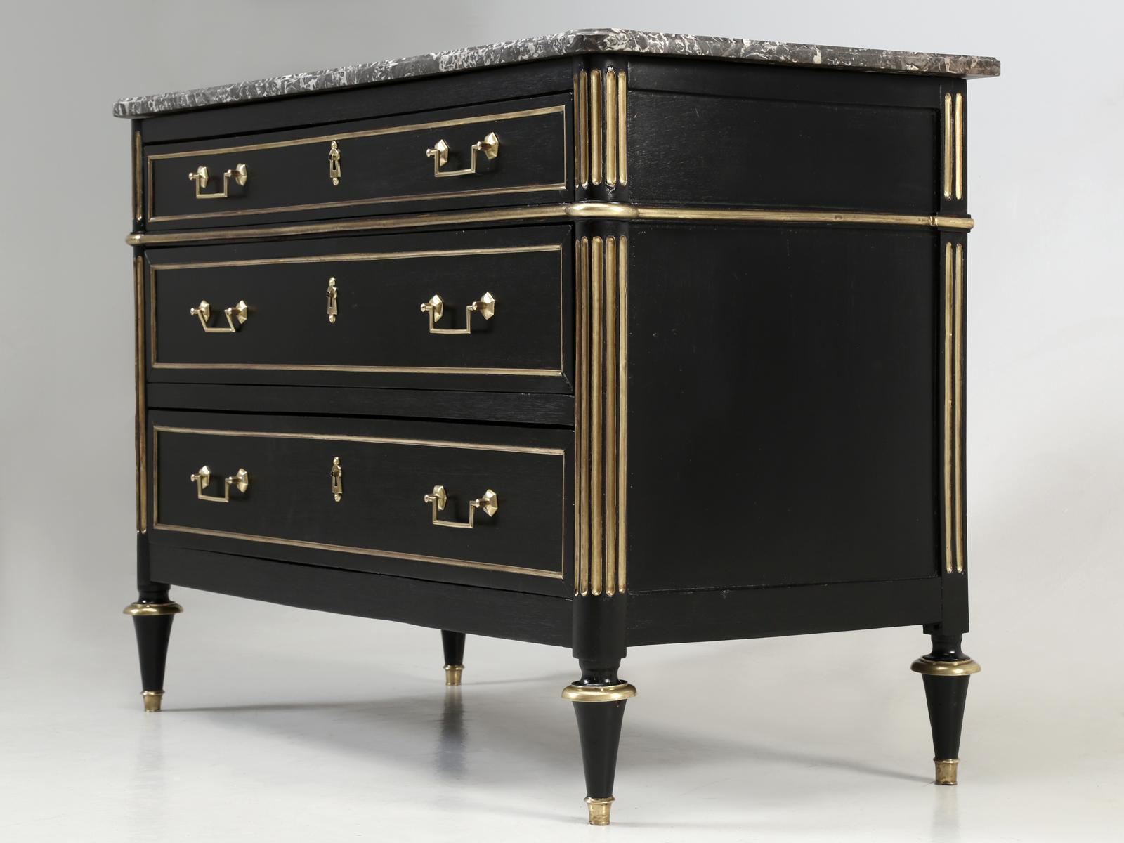 Antique French Louis XVI Style Commode, Ebonized with Marble Top Fully Restored In Good Condition In Chicago, IL