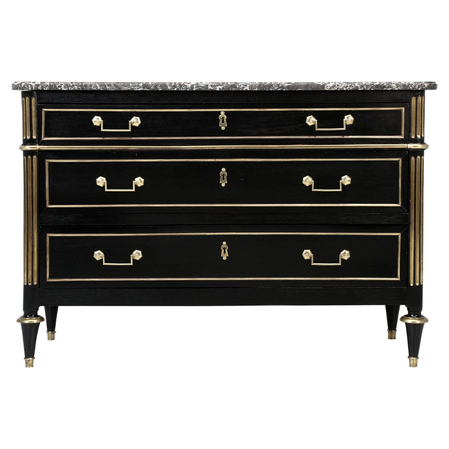 Antique French Louis XVI Style Commode, Ebonized with Marble Top Fully Restored