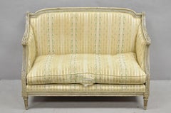Antique French Louis XVI Style Cream Distress Painted Petite Canape Settee Sofa