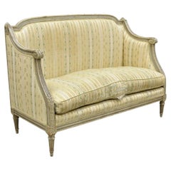 Antique French Louis XVI Style Cream Distress Painted Petite Canape Settee Sofa