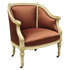 Antique French Louis XVI Style Cream Painted Boudoir Lounge Arm Chair