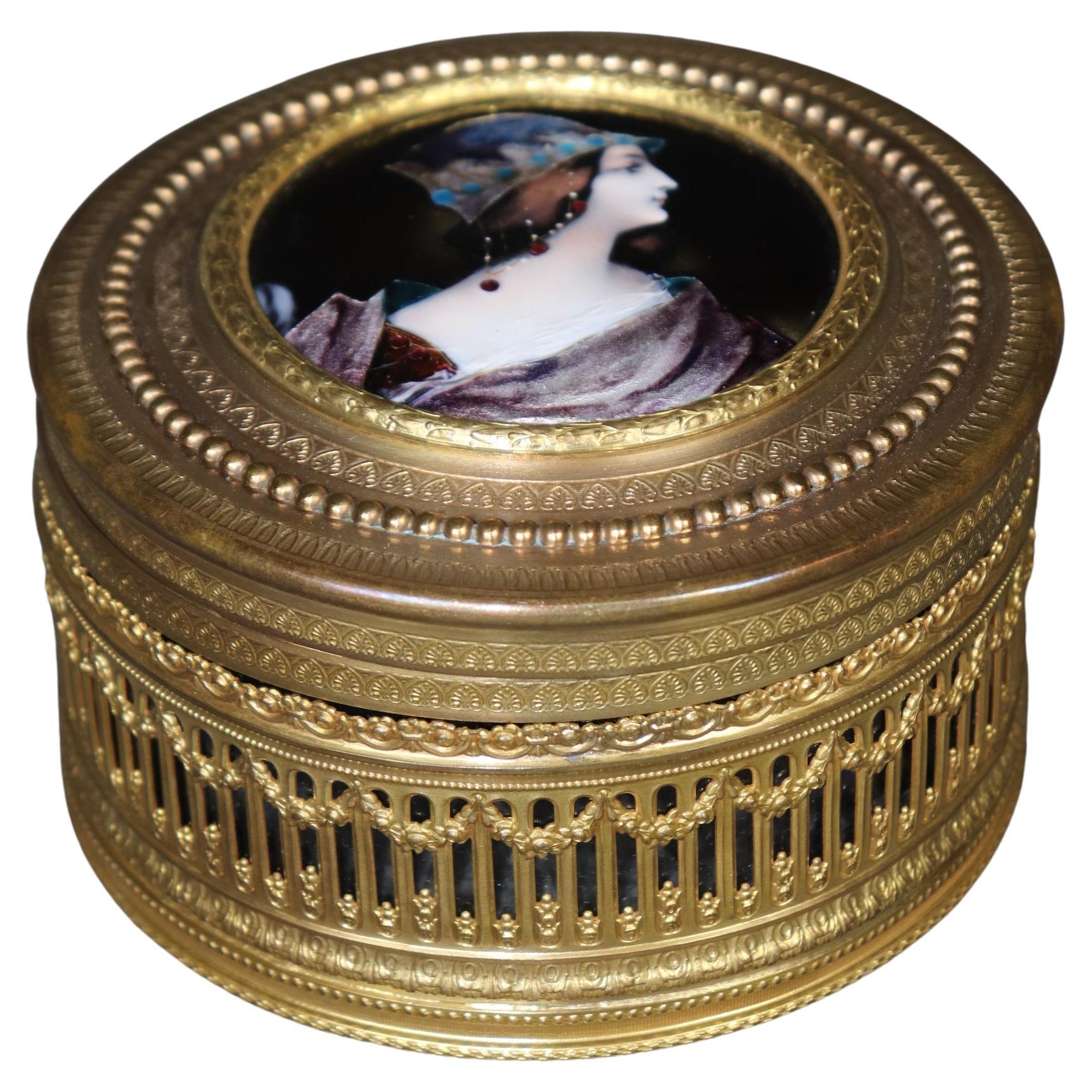 Antique French Louis XVI Style Crystal and Gilt Enameled Jewelry Casket Box