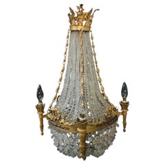 Antiker französischer Kristall-Perlen-Korb-Kronleuchter im Louis-XVI.-Stil 