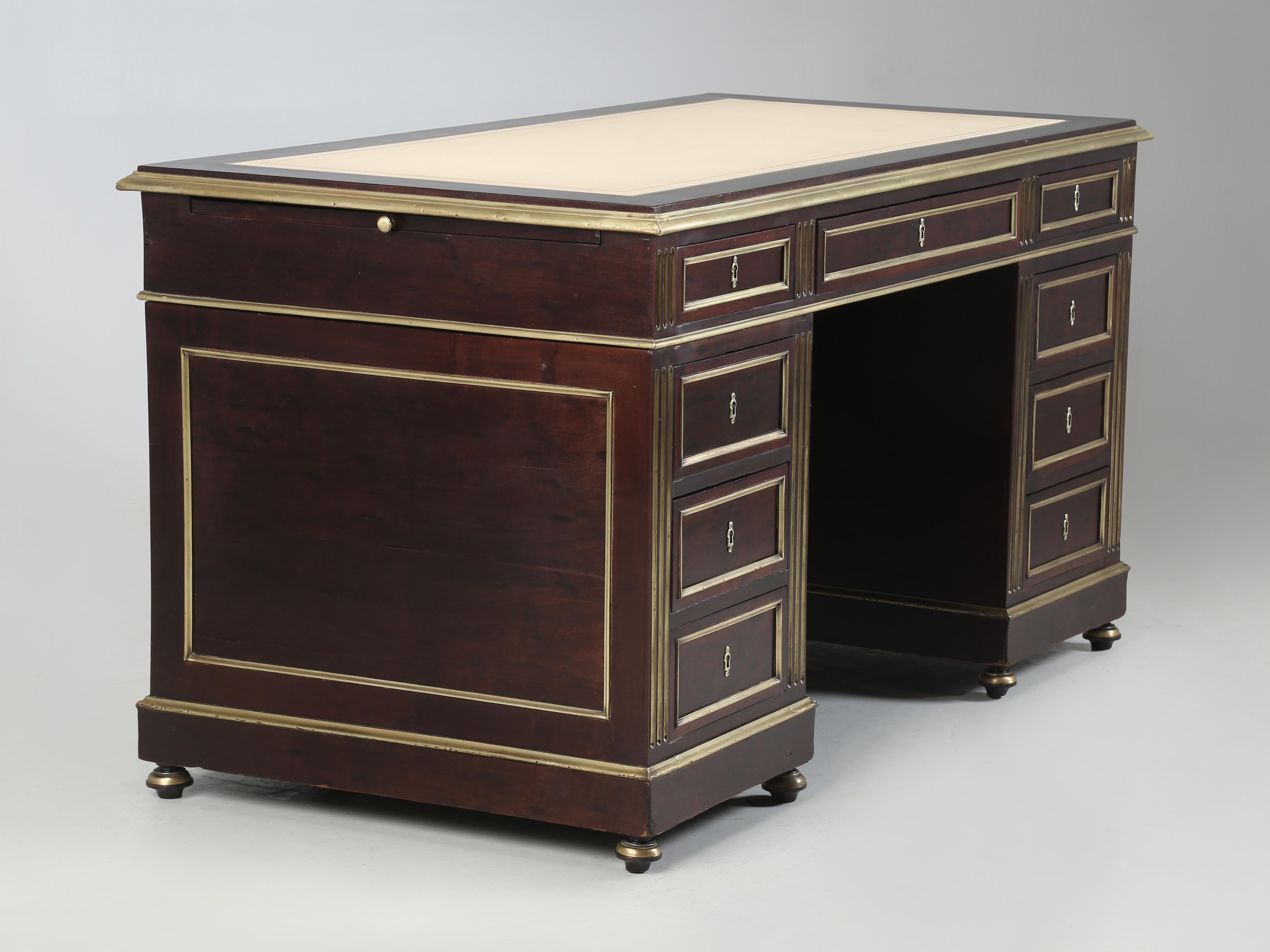 Antique French Louis XVI Style Desk in Caribbean Mahogany Brass Trim Restored 11