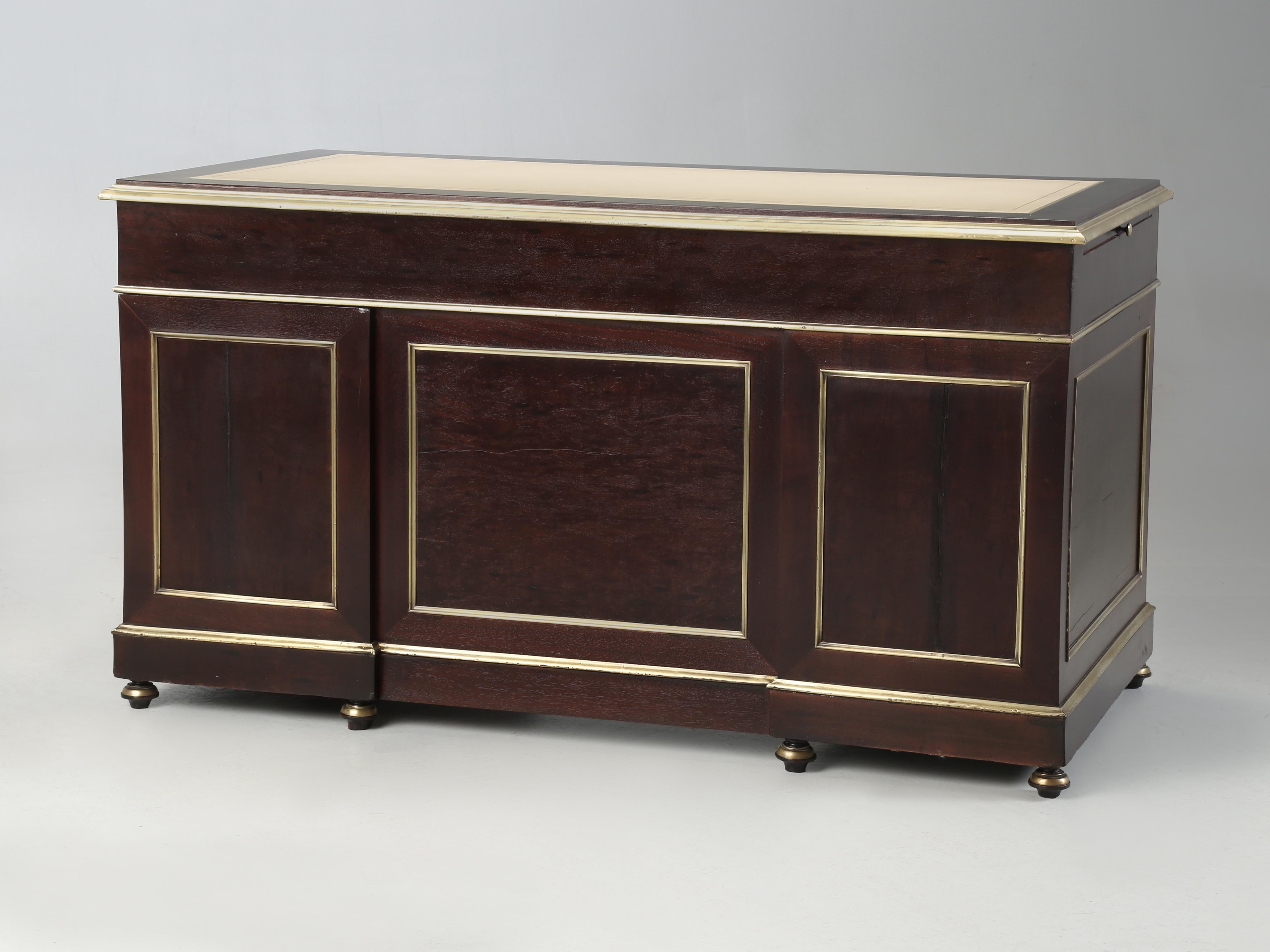Antique French Louis XVI Style Desk in Caribbean Mahogany Brass Trim Restored 12