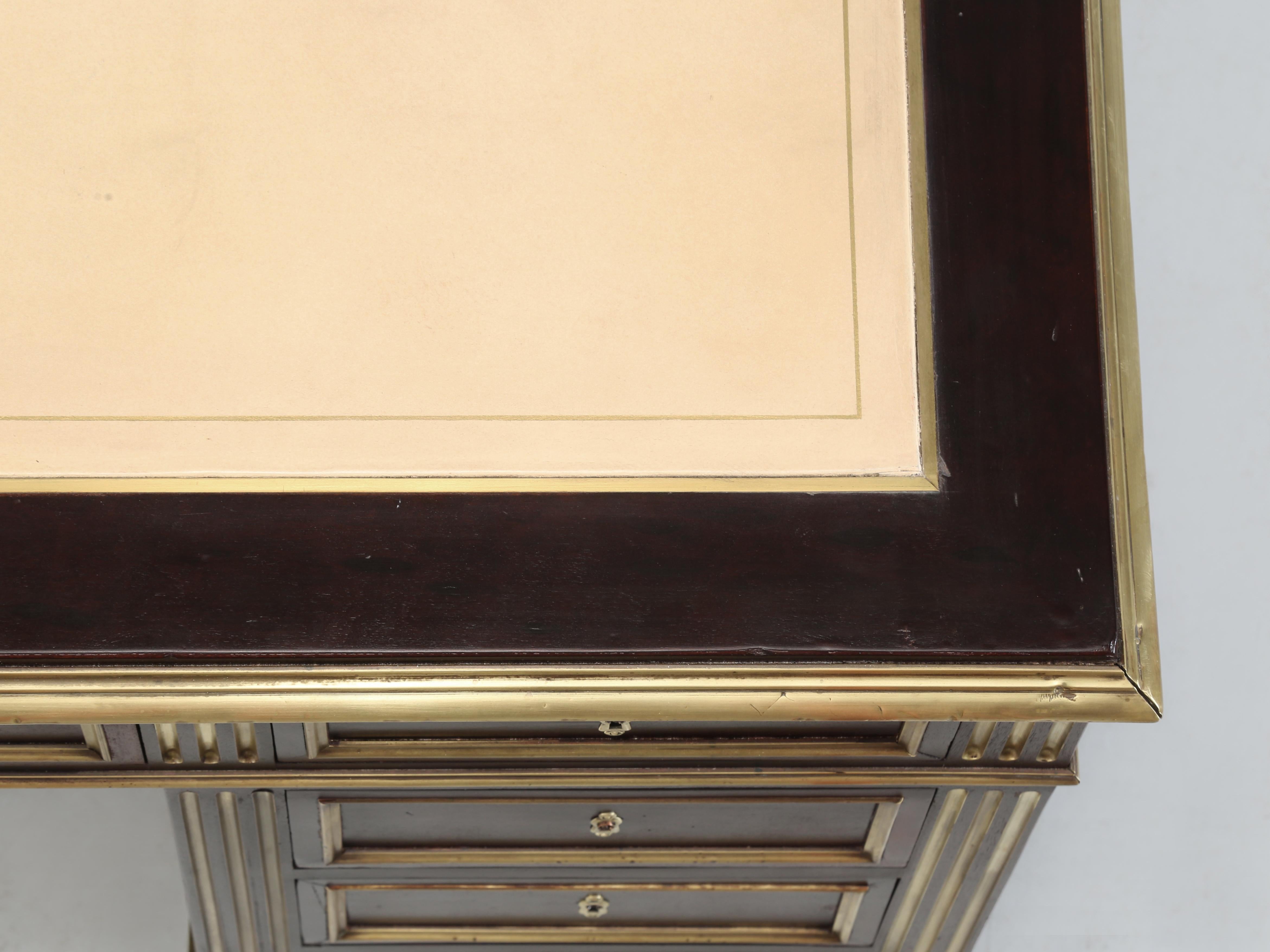 Hand-Crafted Antique French Louis XVI Style Desk in Caribbean Mahogany Brass Trim Restored