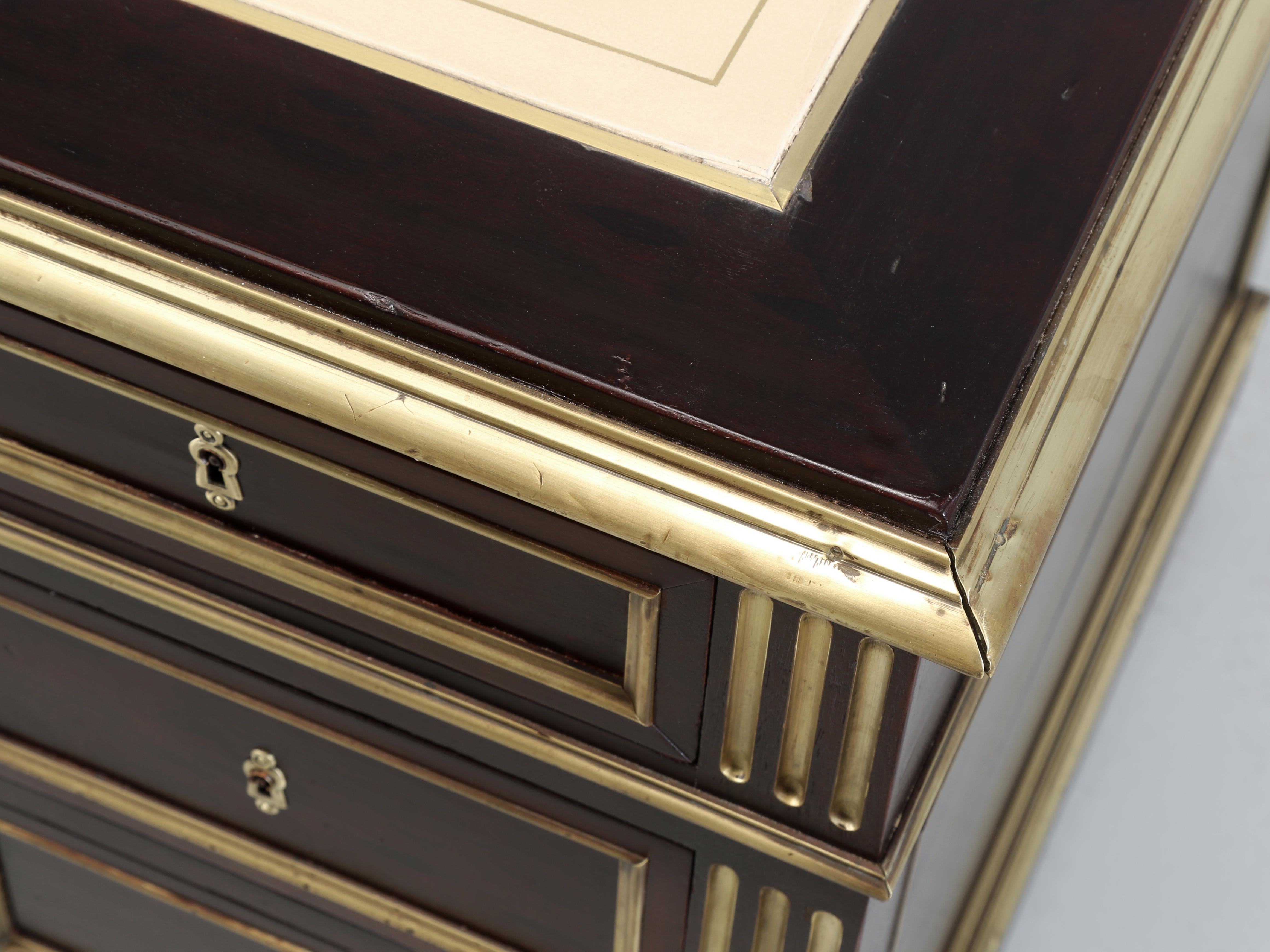 Mid-19th Century Antique French Louis XVI Style Desk in Caribbean Mahogany Brass Trim Restored