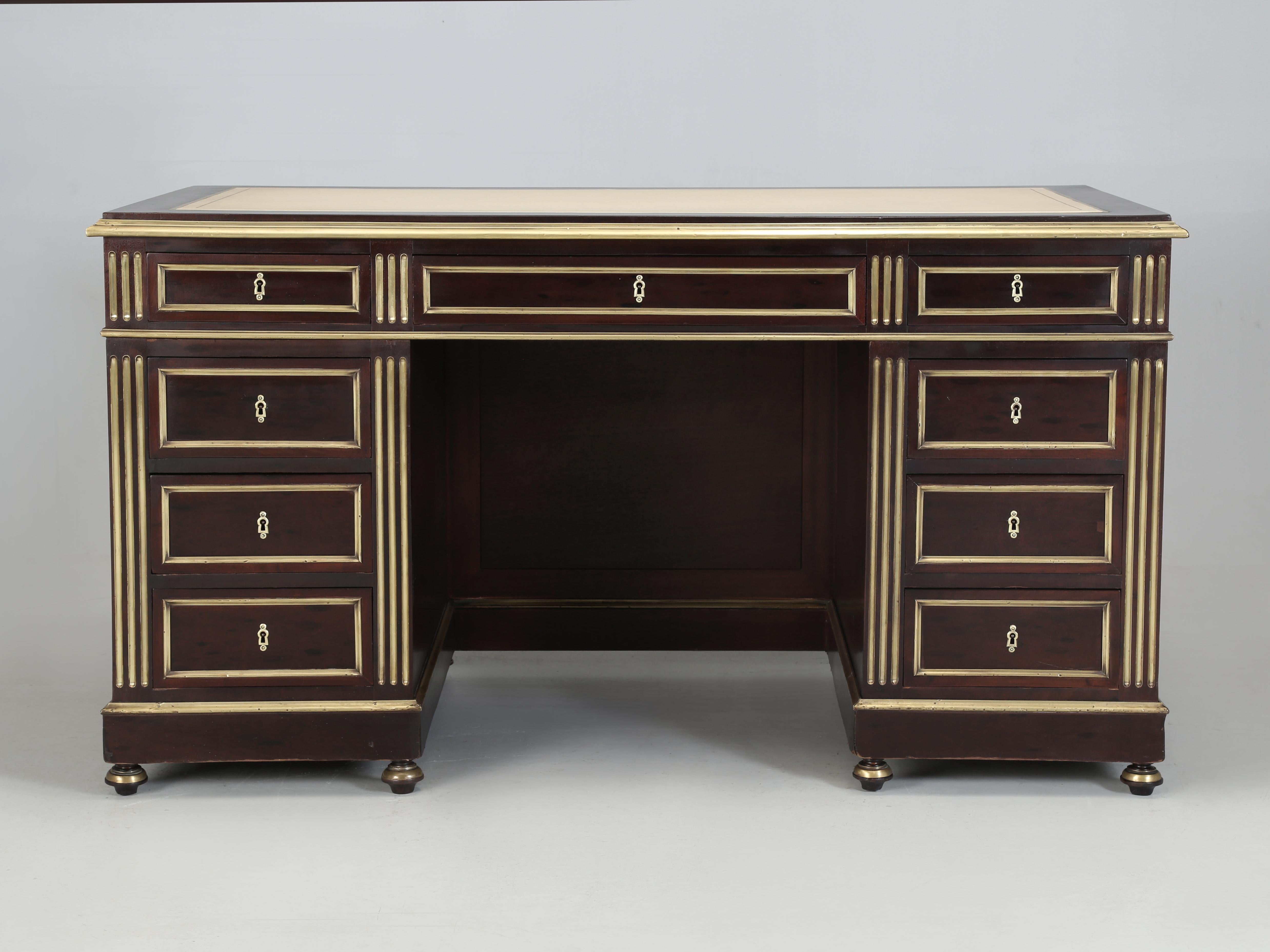 Antique French Louis XVI Style Desk in Caribbean Mahogany Brass Trim Restored 3