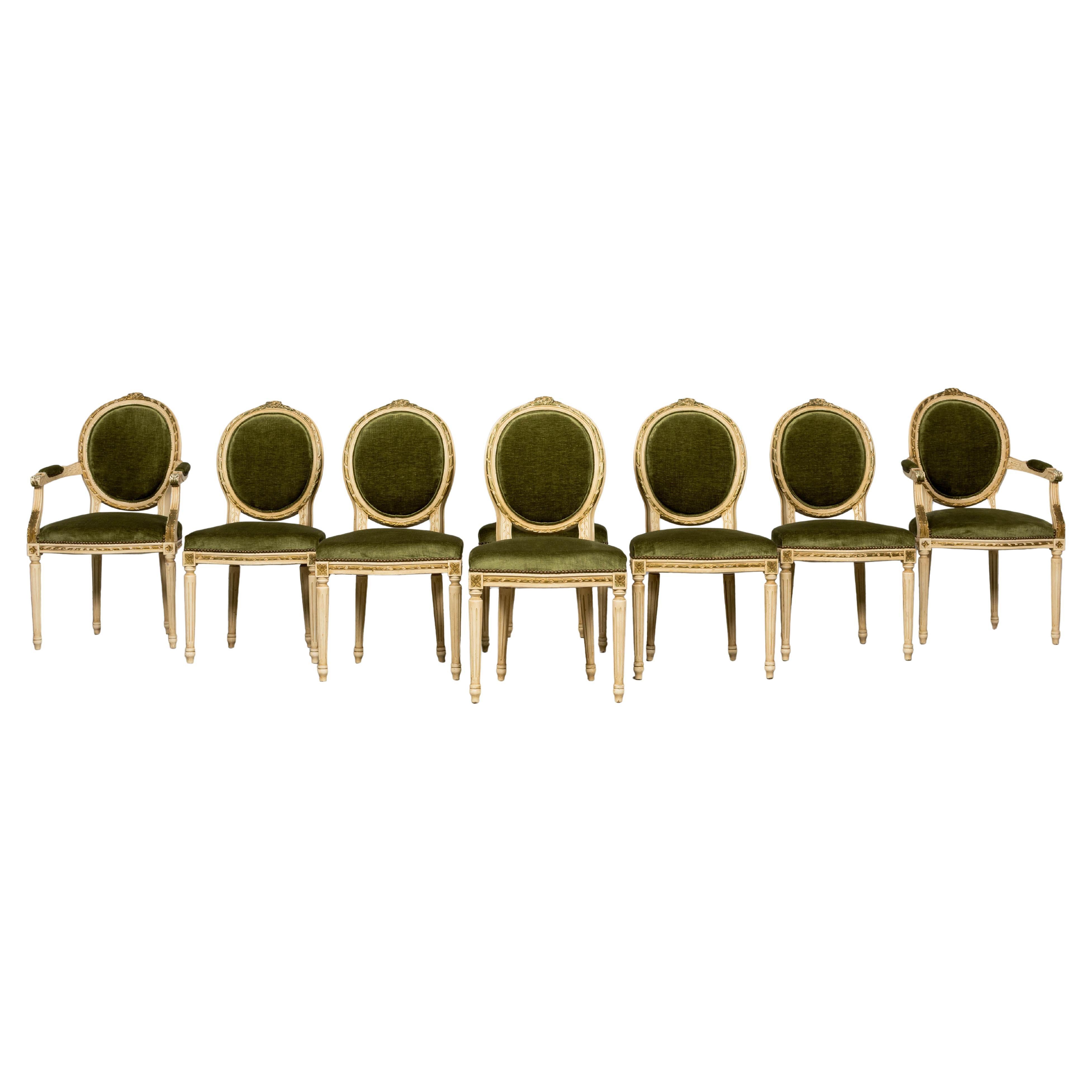 Antique French Louis XVI Style Dining Chairs in Olive Green Velvet - Set of 8