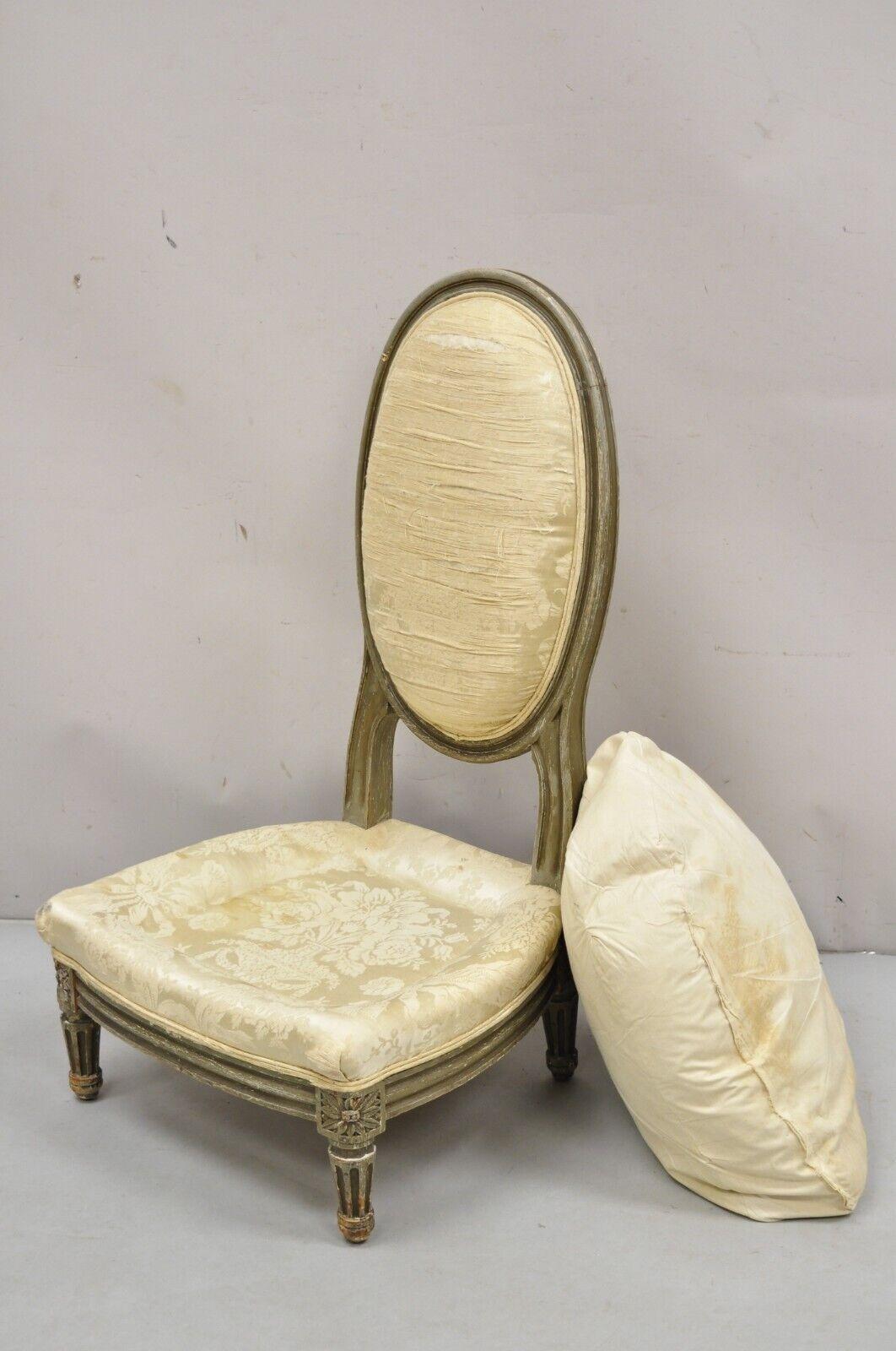 Antique French Louis XVI Style Distress Painted Boudoir Slipper Low Chair In Good Condition For Sale In Philadelphia, PA