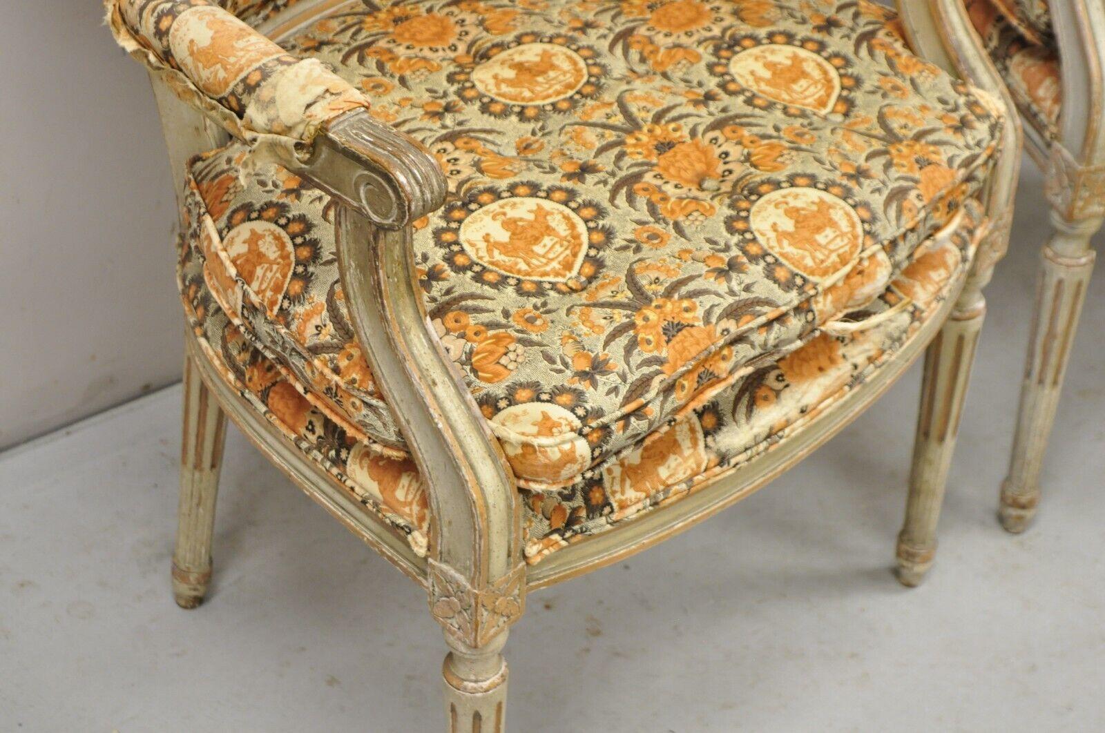 Antique French Louis XVI Style Distressed Cream Painted Fauteuil Arm Chairs Pair For Sale 6