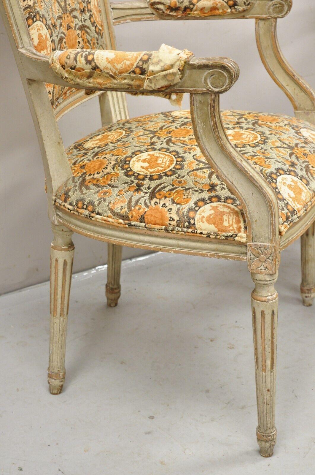 Antique French Louis XVI Style Distressed Cream Painted Fauteuil Arm Chairs Pair For Sale 1