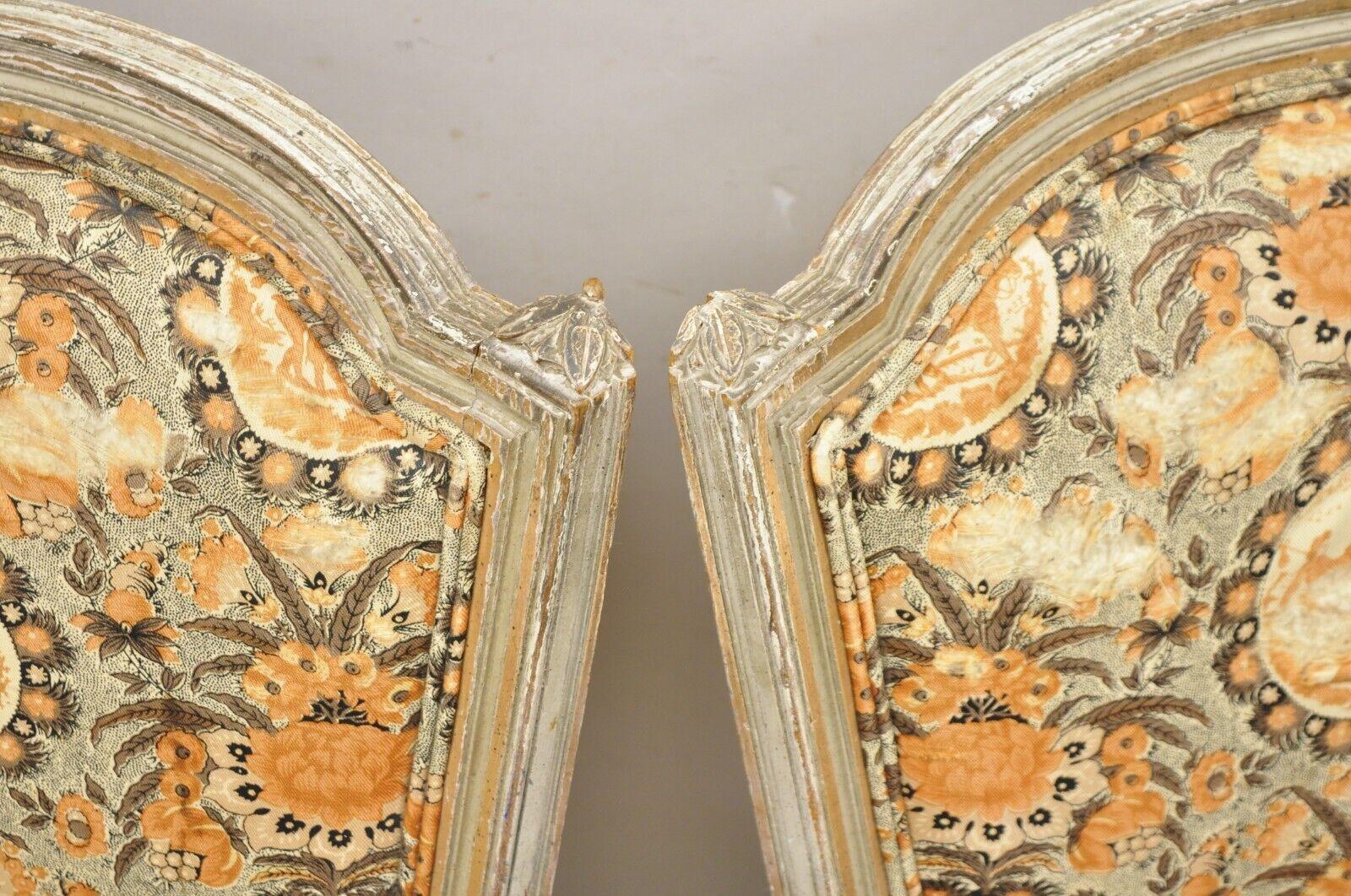 Antique French Louis XVI Style Distressed Cream Painted Fauteuil Arm Chairs Pair For Sale 2