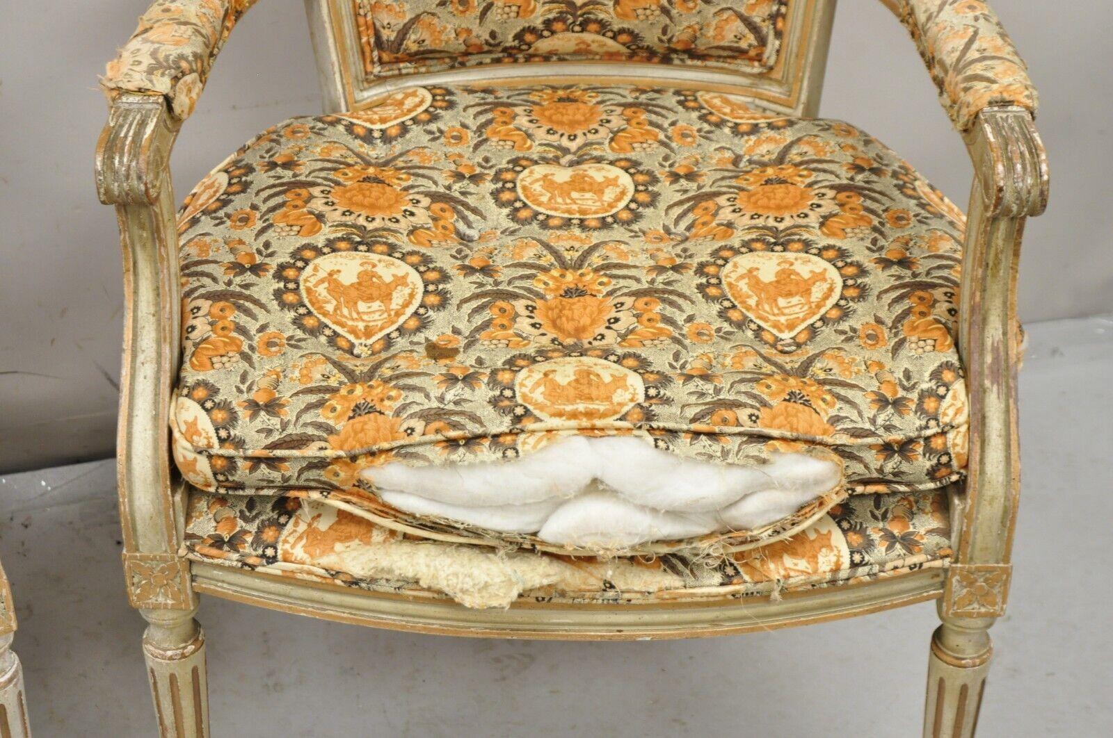 Antique French Louis XVI Style Distressed Cream Painted Fauteuil Arm Chairs Pair For Sale 4