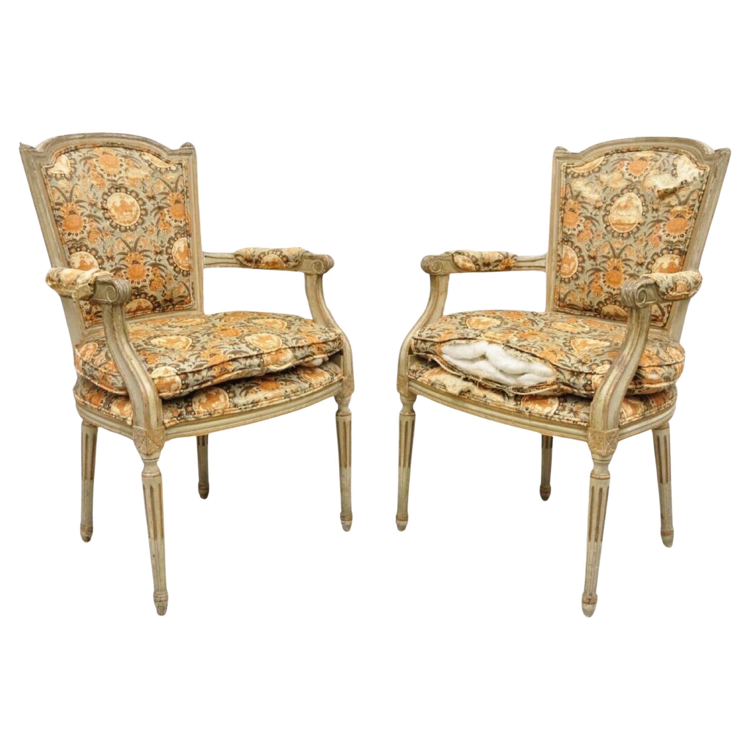 Antique French Louis XVI Style Distressed Cream Painted Fauteuil Arm Chairs Pair For Sale