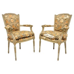 Antique French Louis XVI Style Distressed Cream Painted Fauteuil Arm Chairs Pair