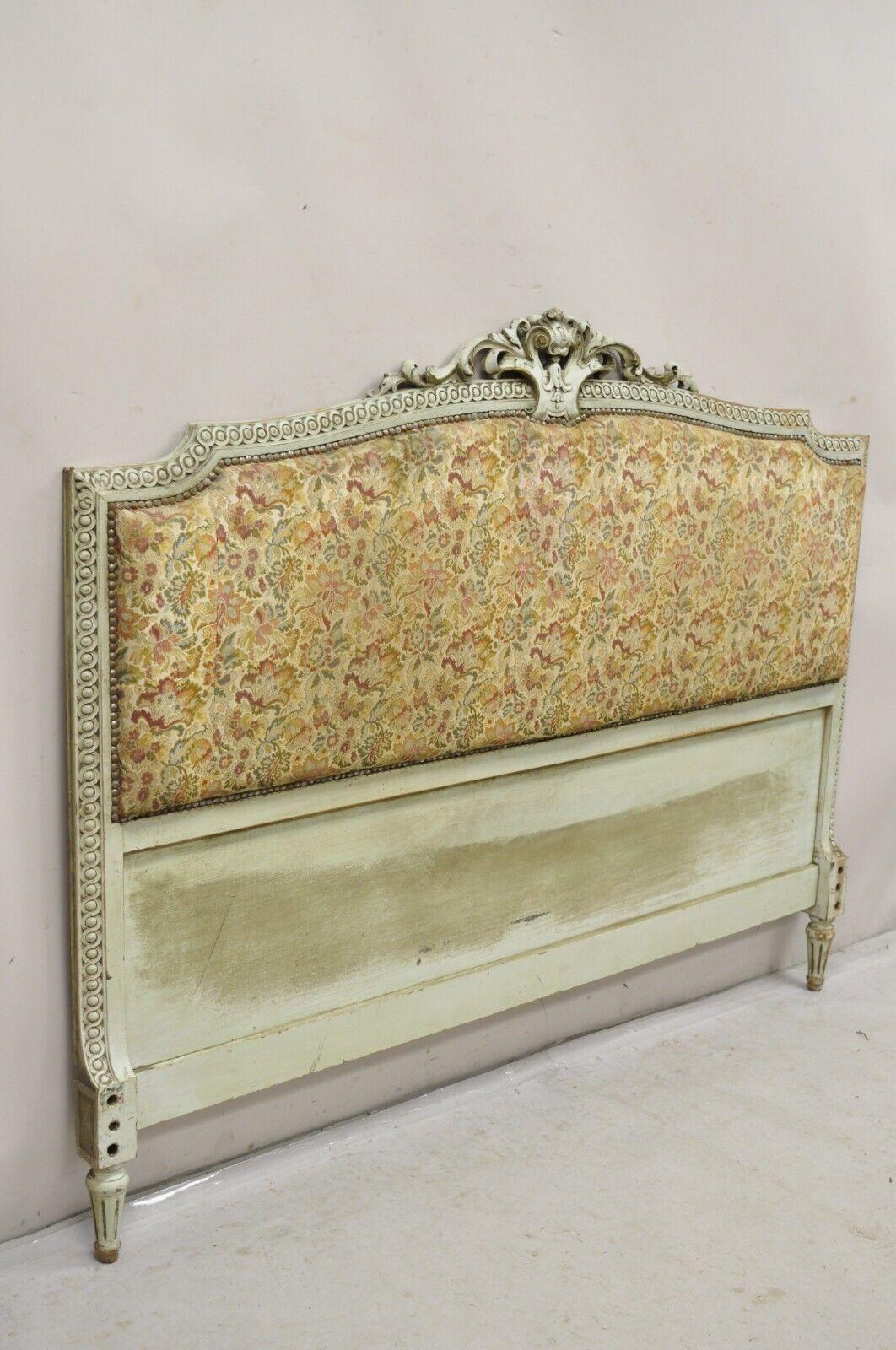 Antique French Louis XVI Style Distressed Green Queen Upholstered Bed Headboard 6