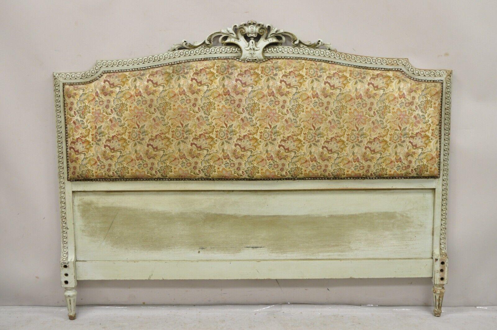 Antique French Louis XVI Style Distressed Mint Green Painted Queen Size Upholstered Bed Headboard. Circa Early 20th Century
Measurements: 49