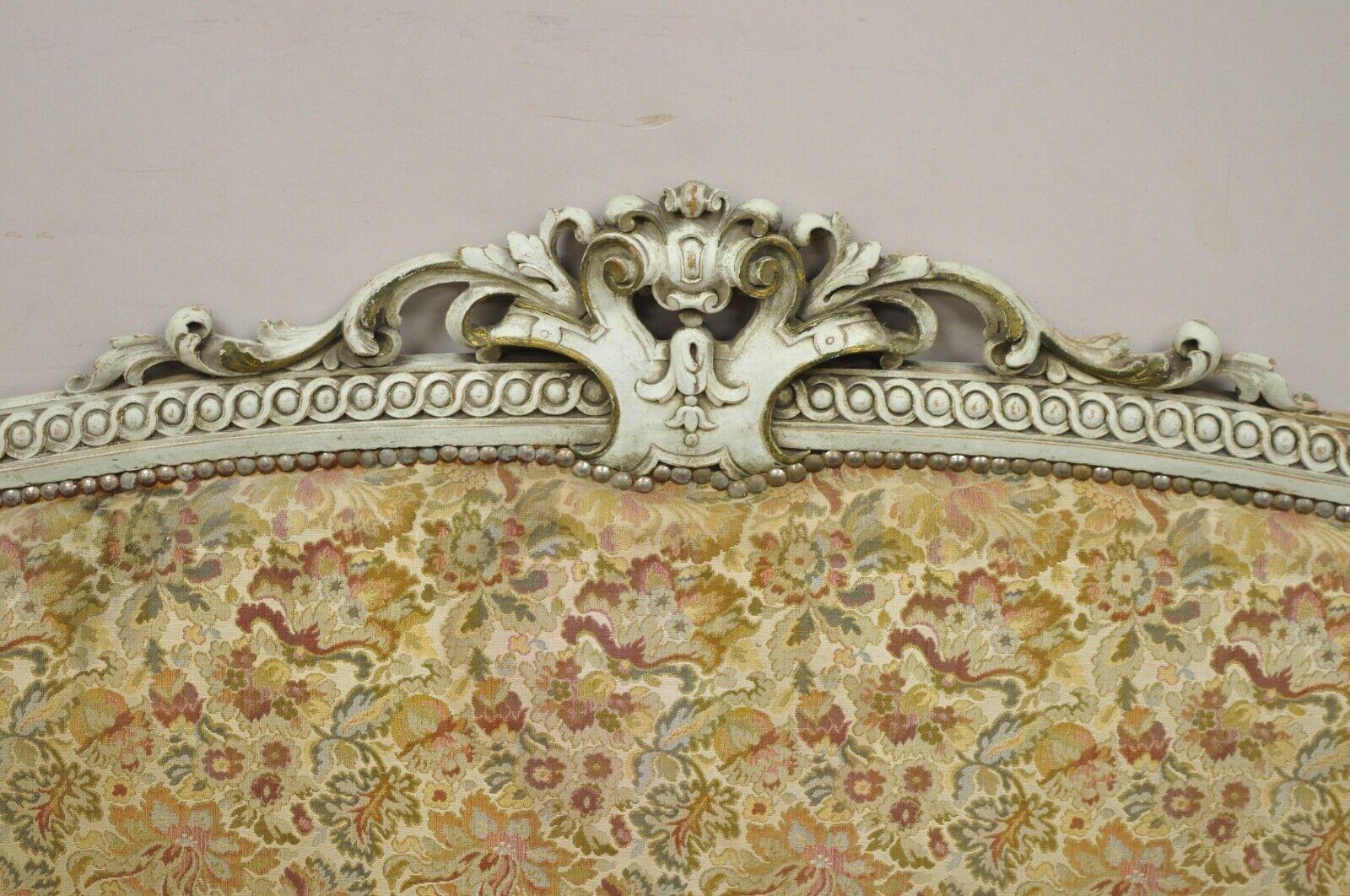 Antique French Louis XVI Style Distressed Green Queen Upholstered Bed Headboard In Good Condition In Philadelphia, PA