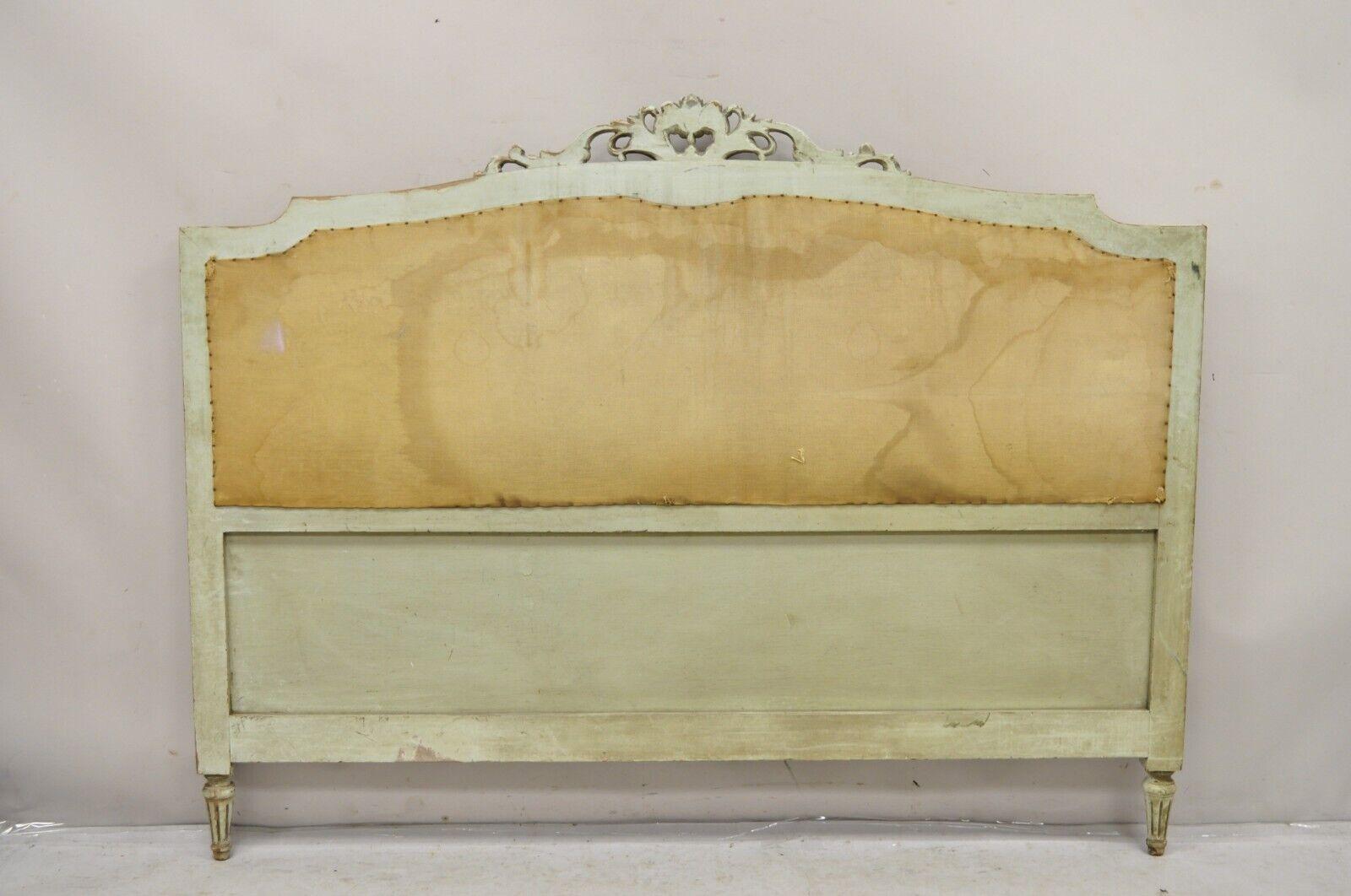 Antique French Louis XVI Style Distressed Green Queen Upholstered Bed Headboard 4