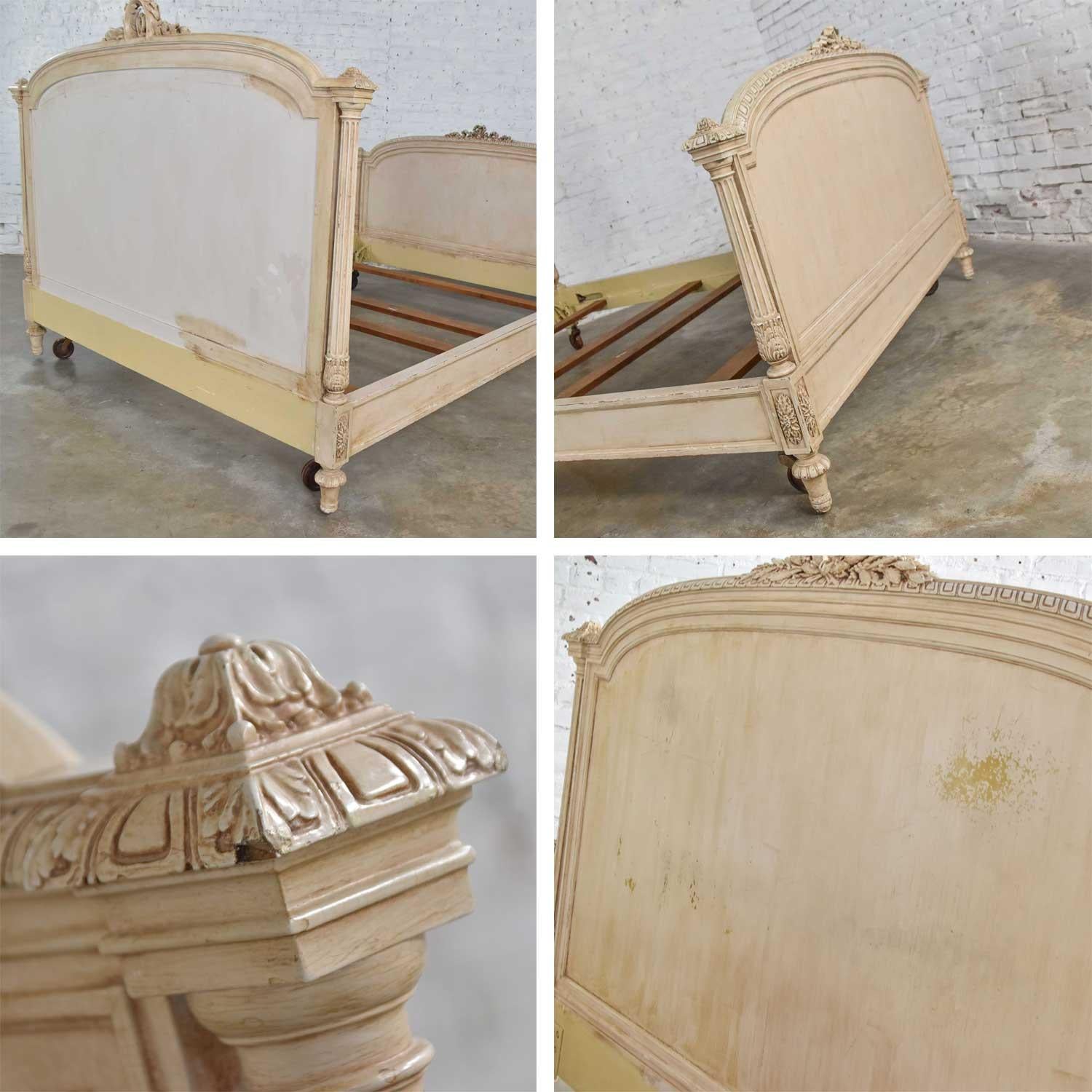 Antique French Louis XVI Style Distressed Off-White Painted Queen Bed 2
