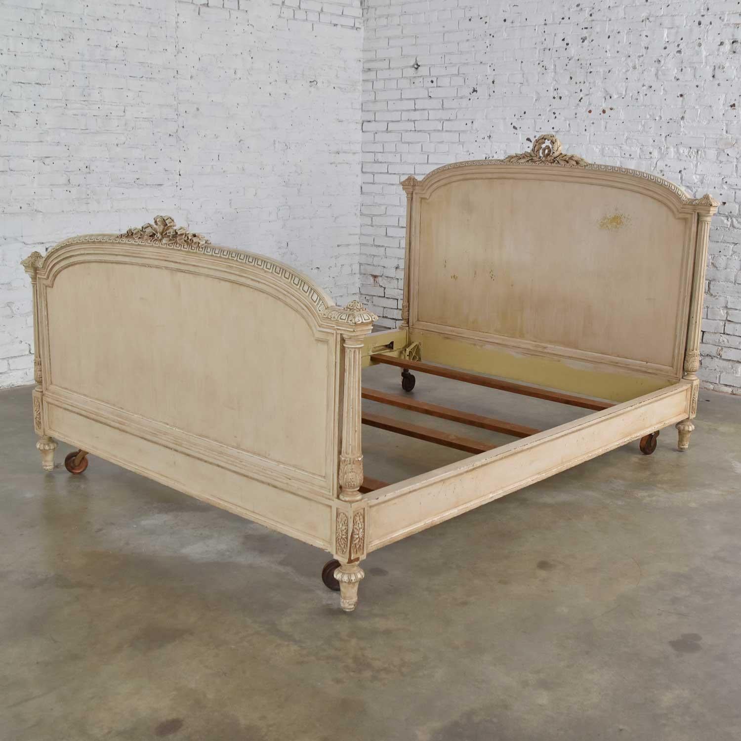 Unknown Antique French Louis XVI Style Distressed Off-White Painted Queen Bed