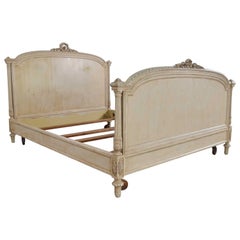 Antique French Louis XVI Style Distressed Off-White Painted Queen Bed