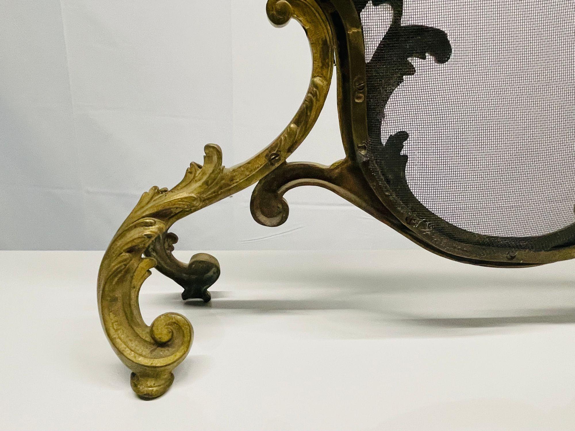 Antique French Louis XVI Style Dore' Bronze Fire Screen, Steel Mesh 9