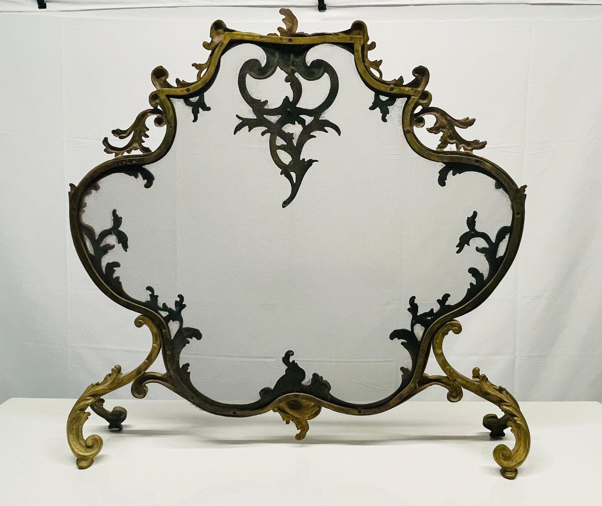 Antique French Louis XVI Style Dore' Bronze Fire Screen, Steel Mesh 12