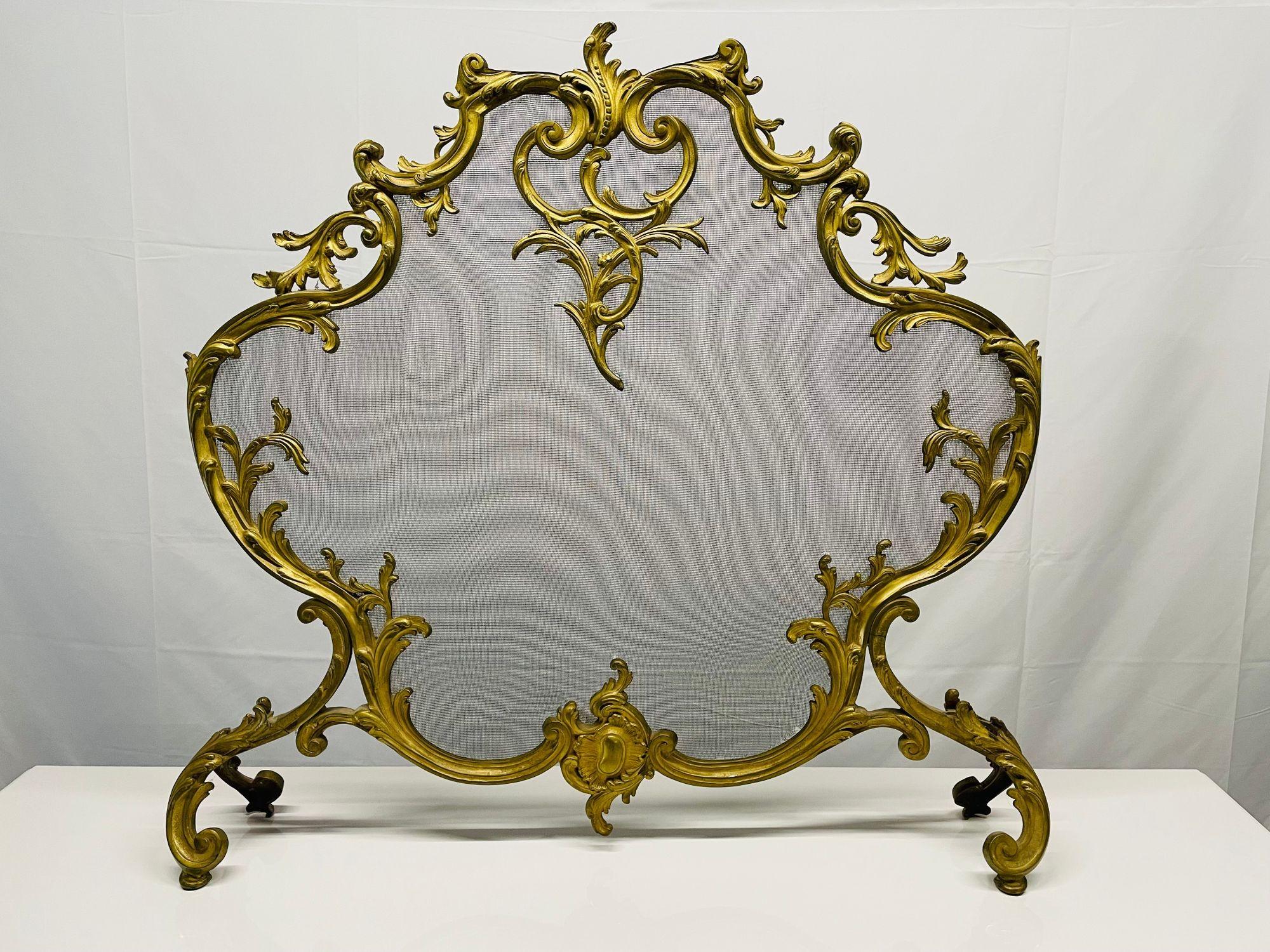 20th Century Antique French Louis XVI Style Dore' Bronze Fire Screen, Steel Mesh