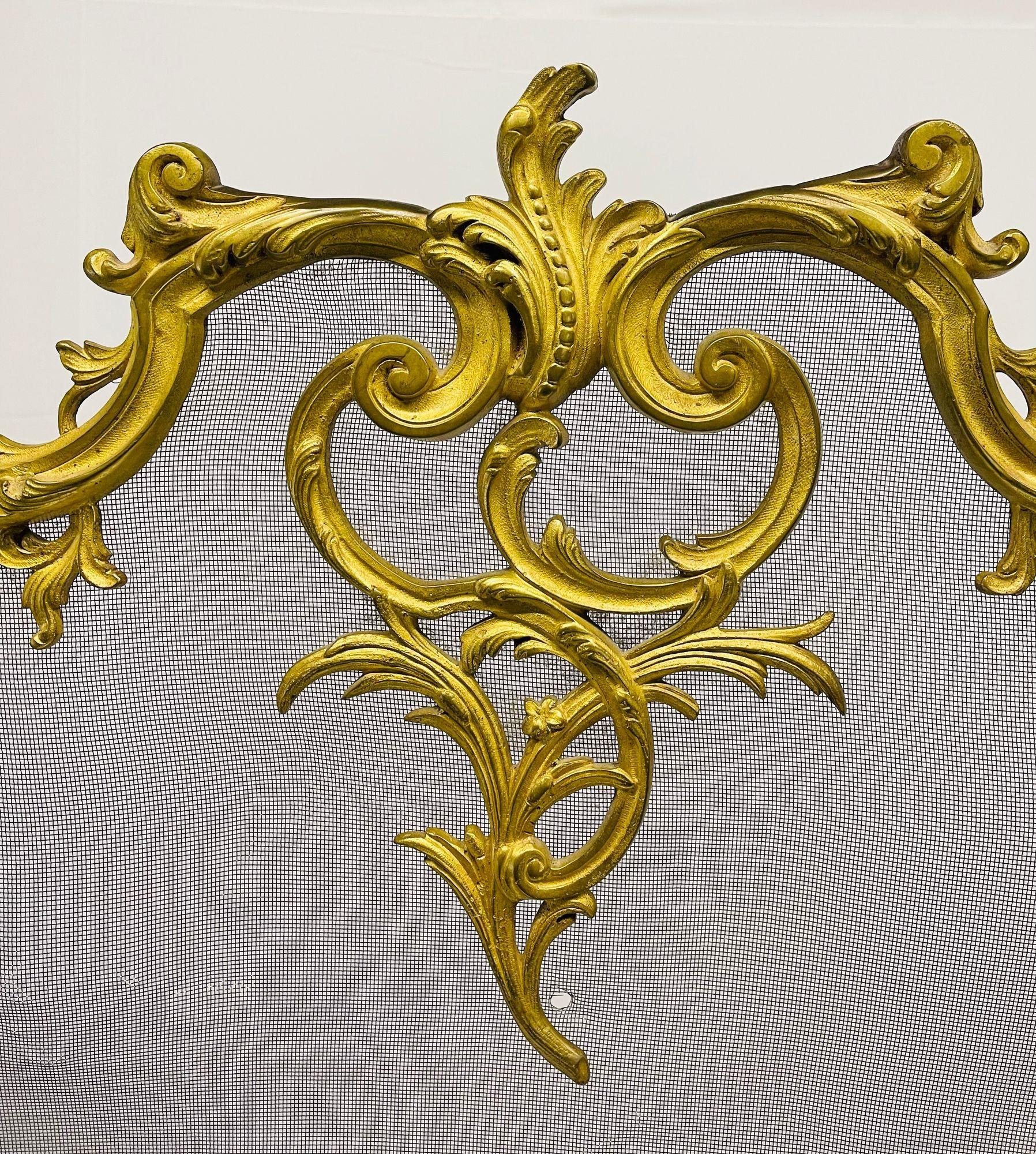 Antique French Louis XVI Style Dore' Bronze Fire Screen, Steel Mesh 1
