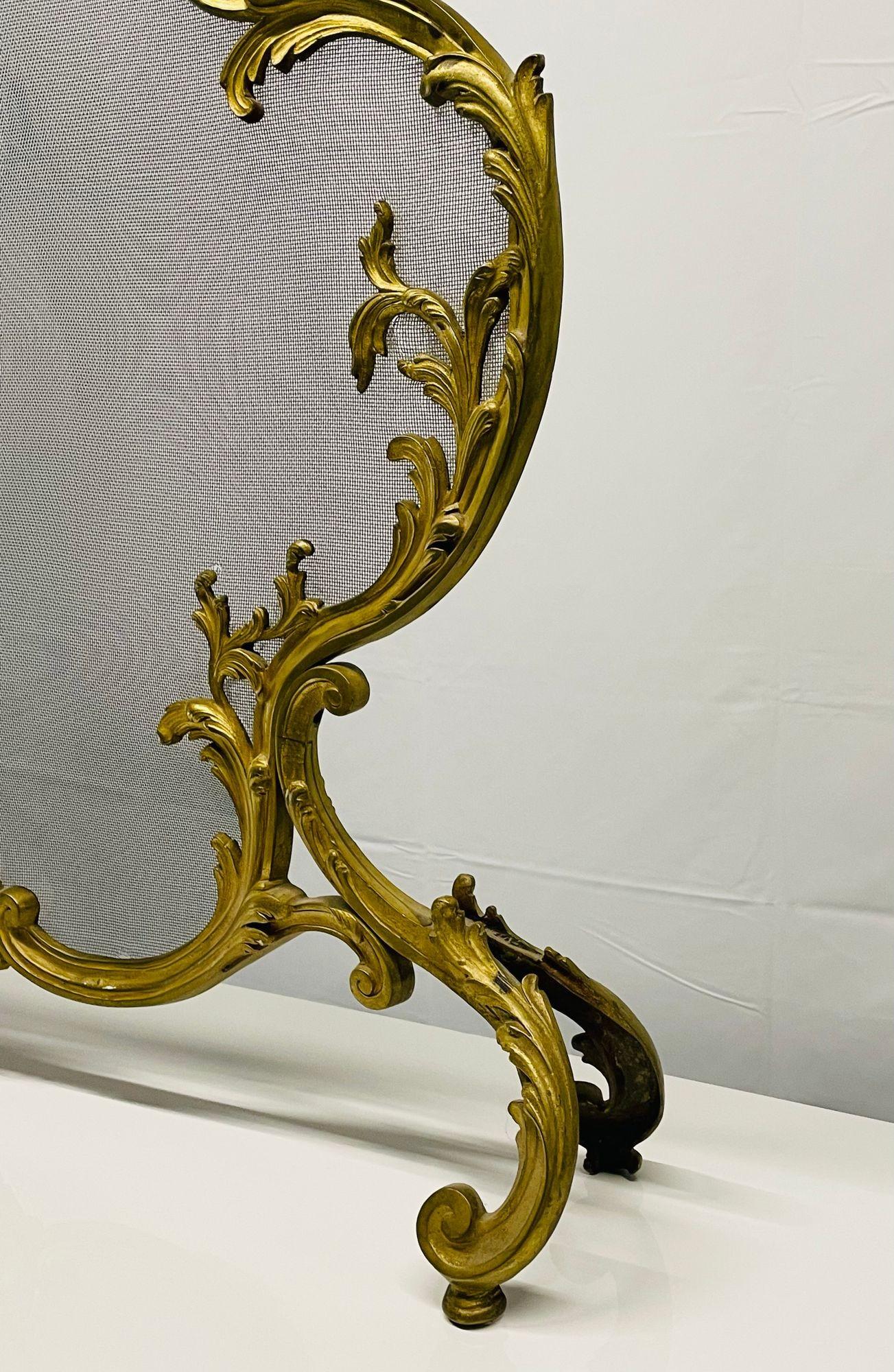 Antique French Louis XVI Style Dore' Bronze Fire Screen, Steel Mesh 4