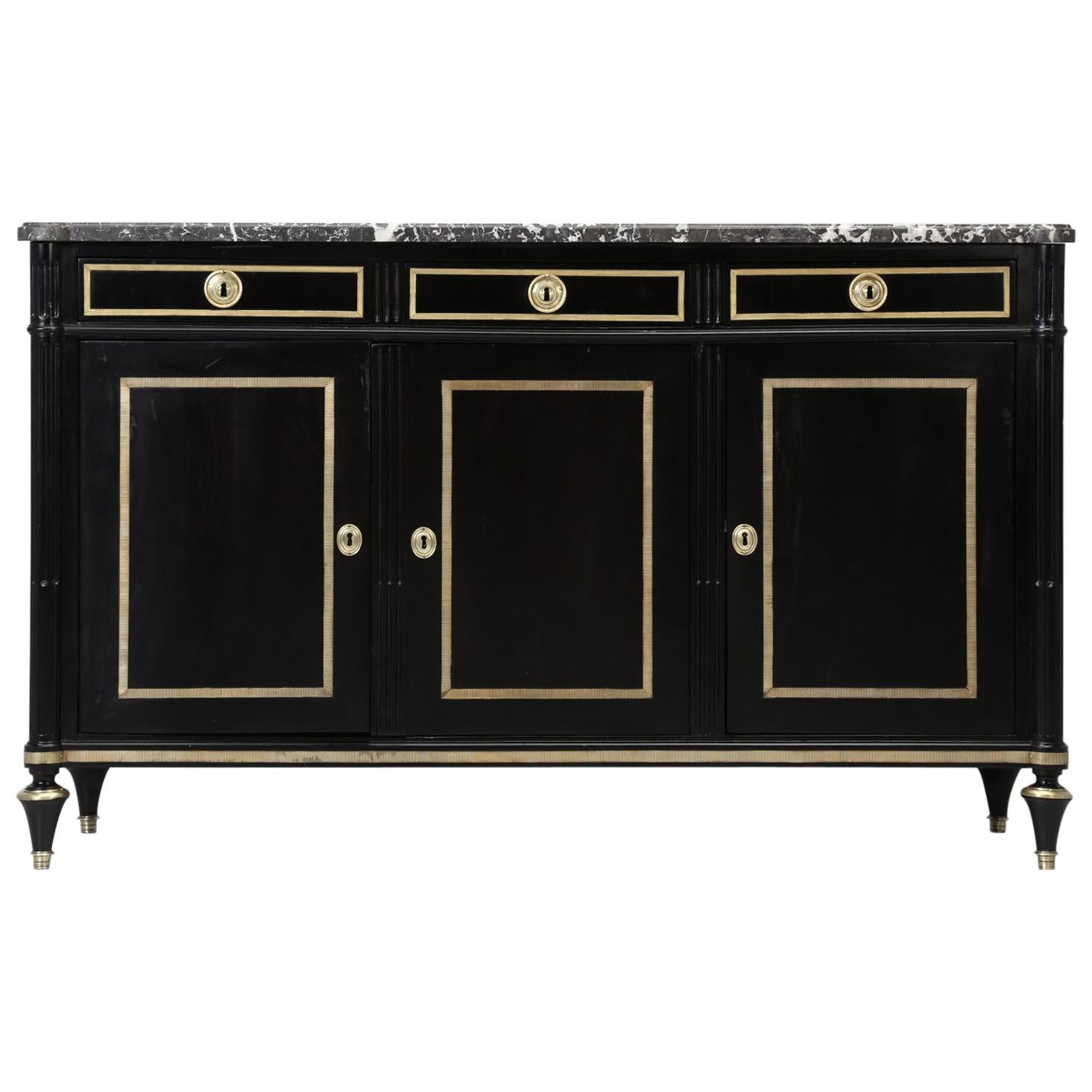 Antique French Louis XVI Style Ebonized Buffet, with a Grey Marble Top