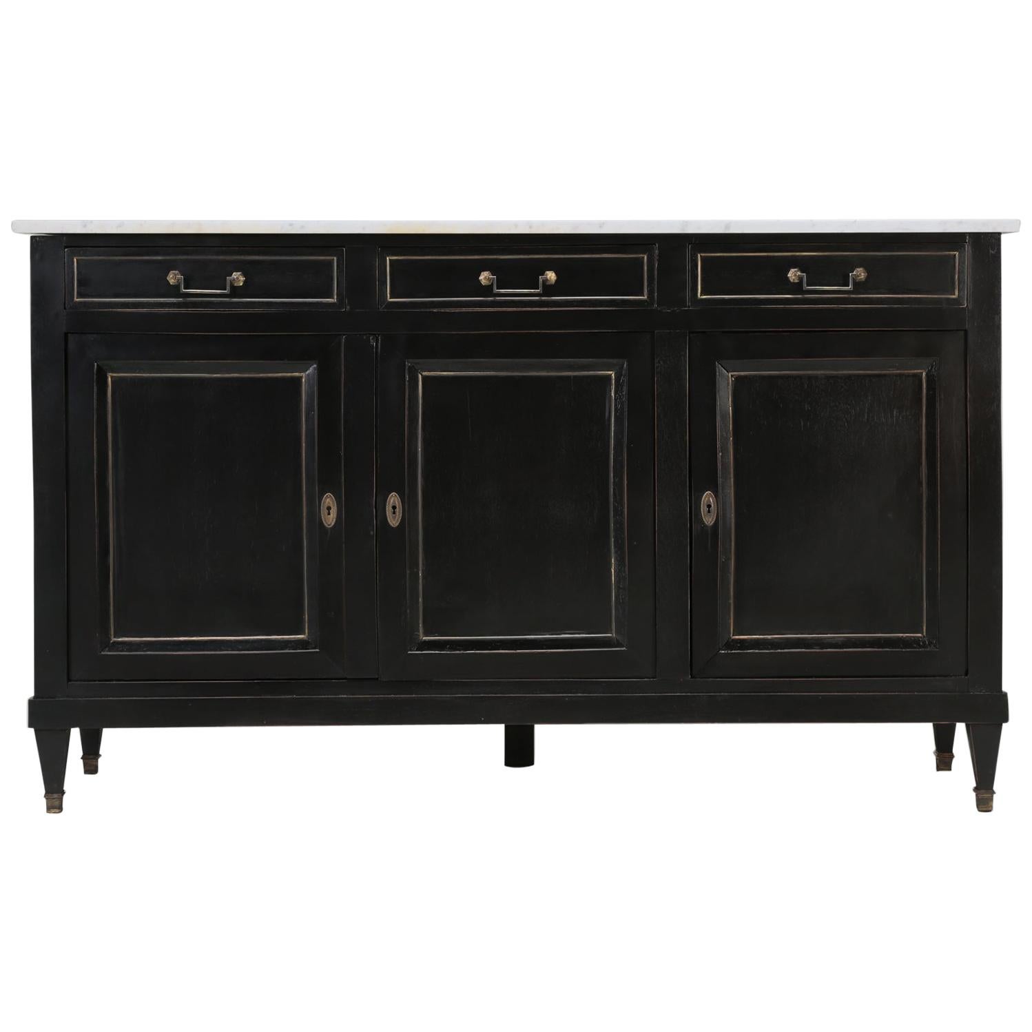 Antique French Louis XVI Style Ebonized Buffet with Original Marble, Restored