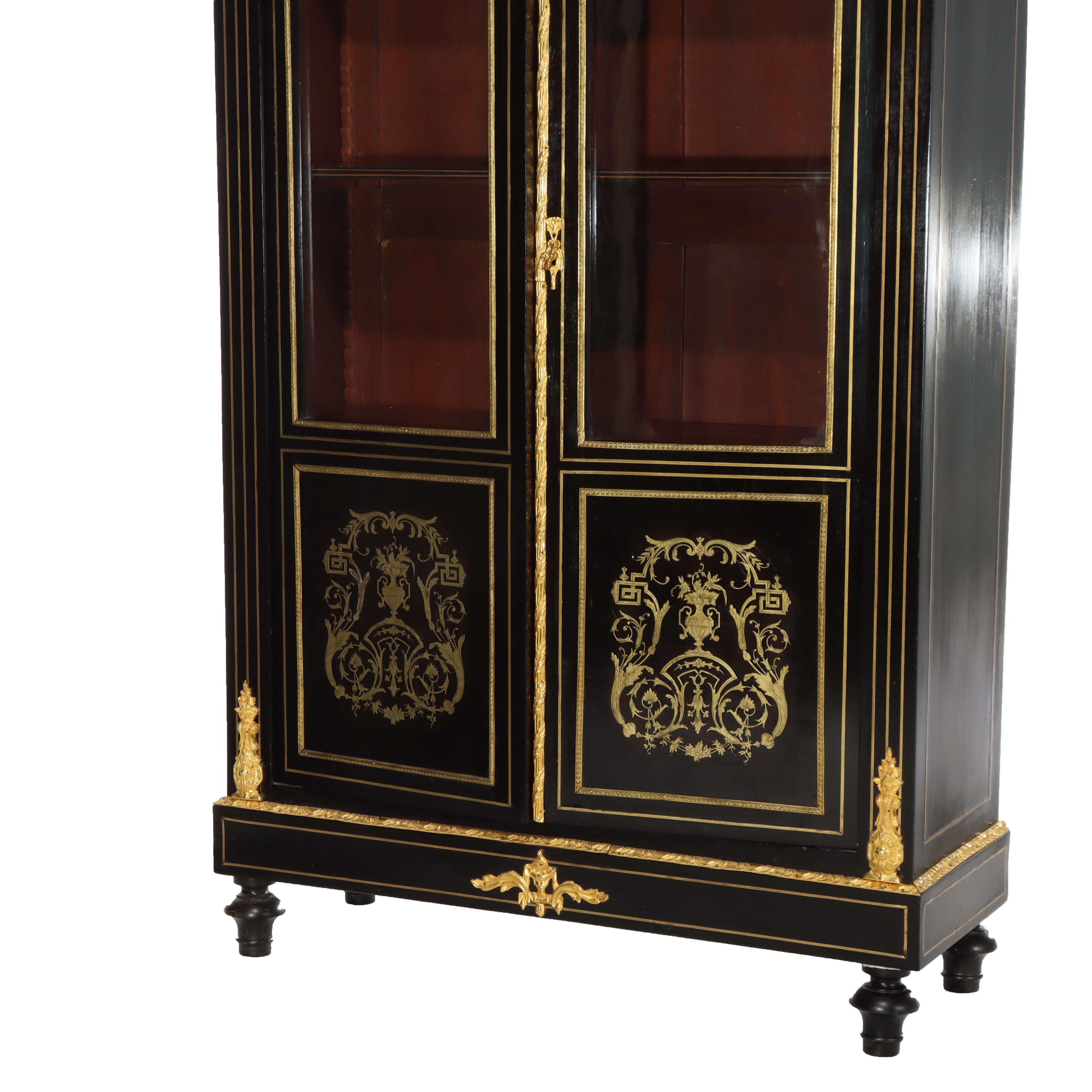 20ième siècle Antique French Louis XVI Style Ebonized & Gilt Bookcase With Ormolu Mounts 20thC en vente