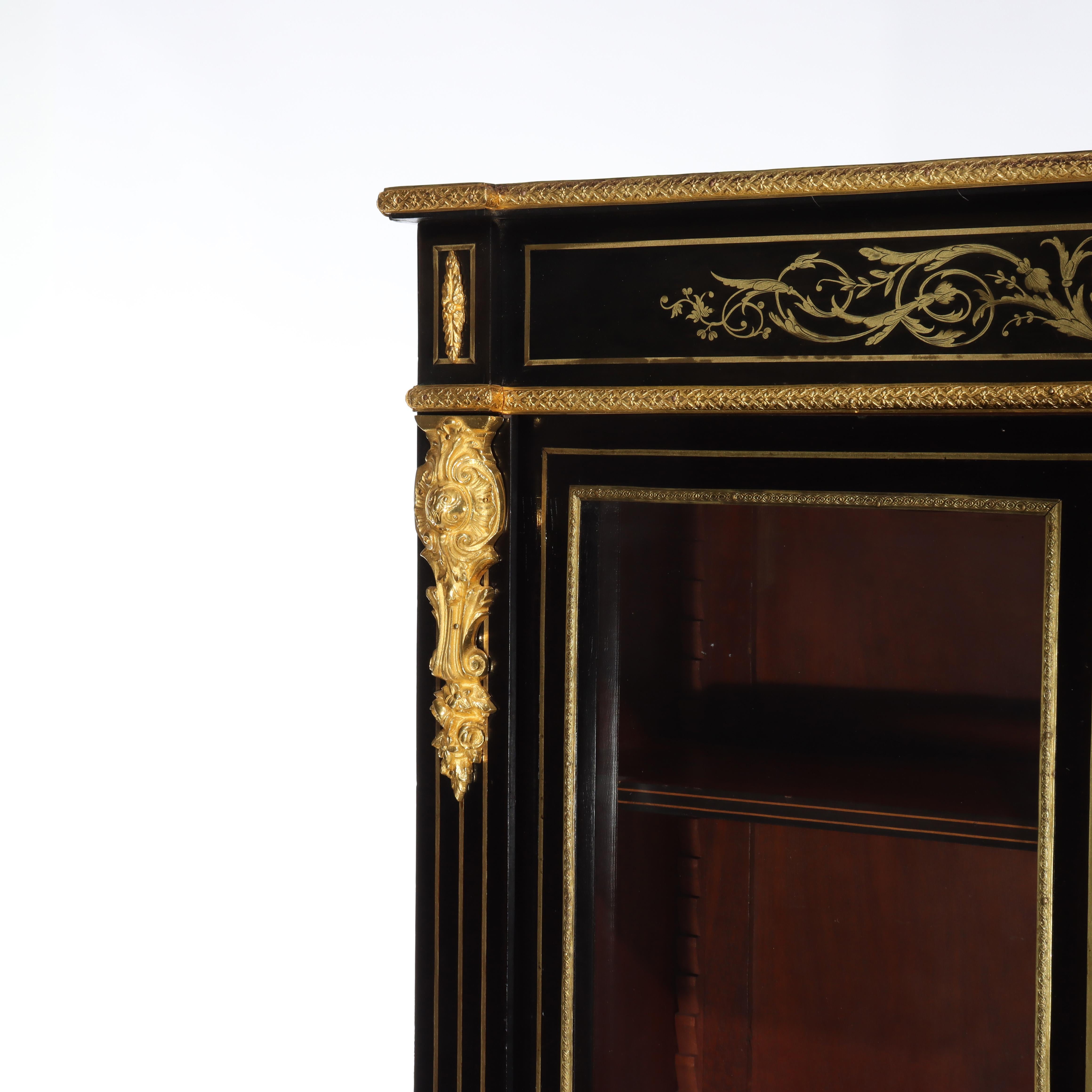 Bois Antique French Louis XVI Style Ebonized & Gilt Bookcase With Ormolu Mounts 20thC en vente