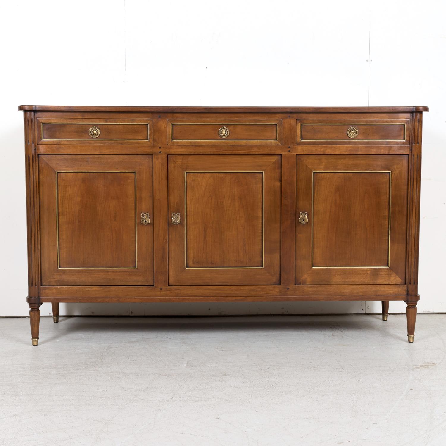 Antique French Louis XVI Style Enfilade Buffet in Solid Cherry with Brass Trim In Good Condition In Birmingham, AL