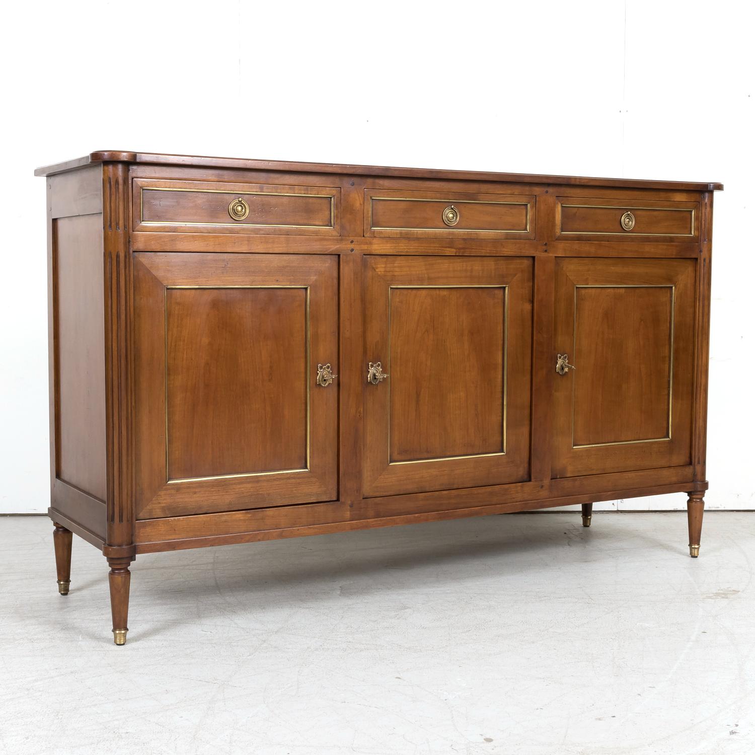 Early 20th Century Antique French Louis XVI Style Enfilade Buffet in Solid Cherry with Brass Trim