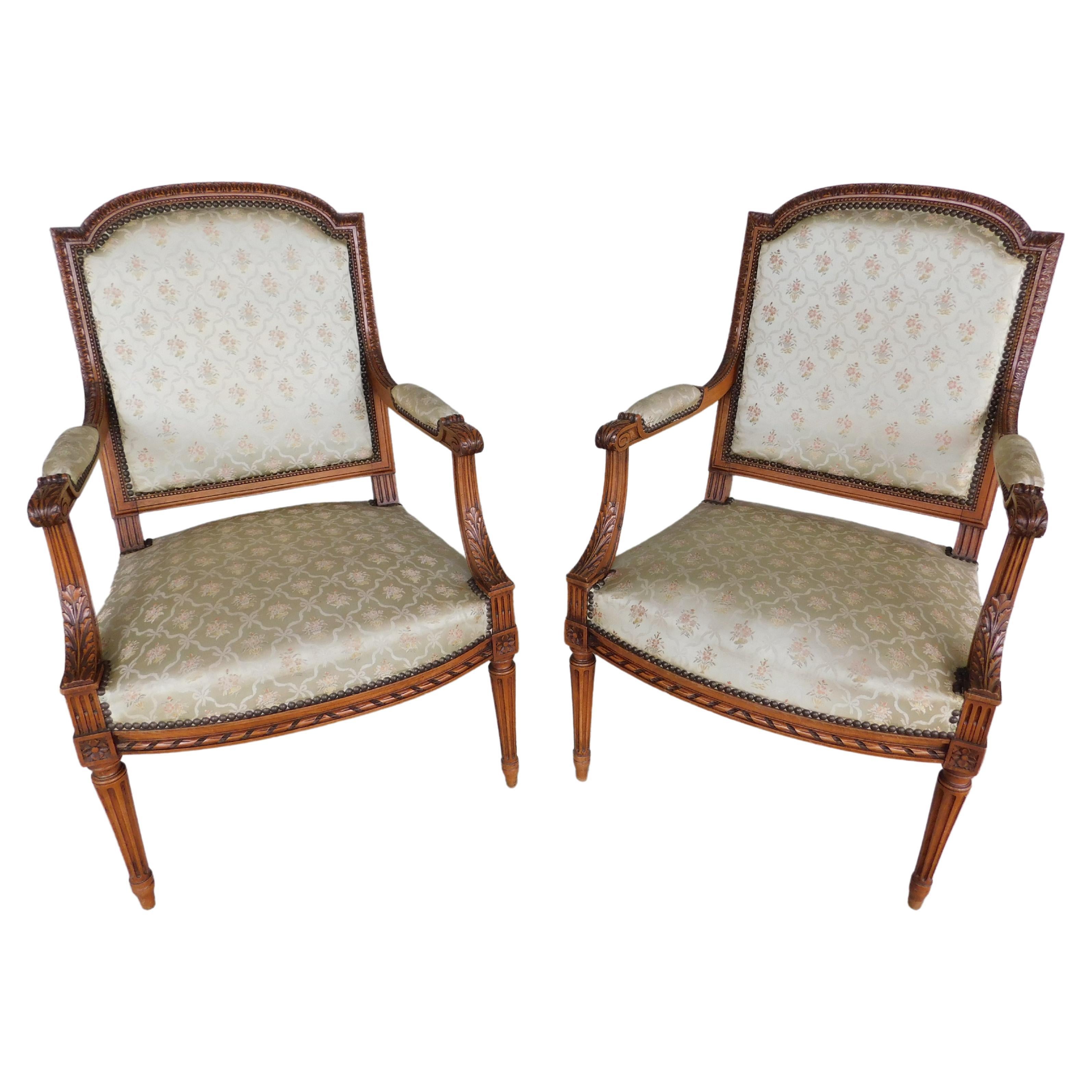 Antique French Louis XVI Style Fauteuil Chairs Late 19th Century, a Pair For Sale