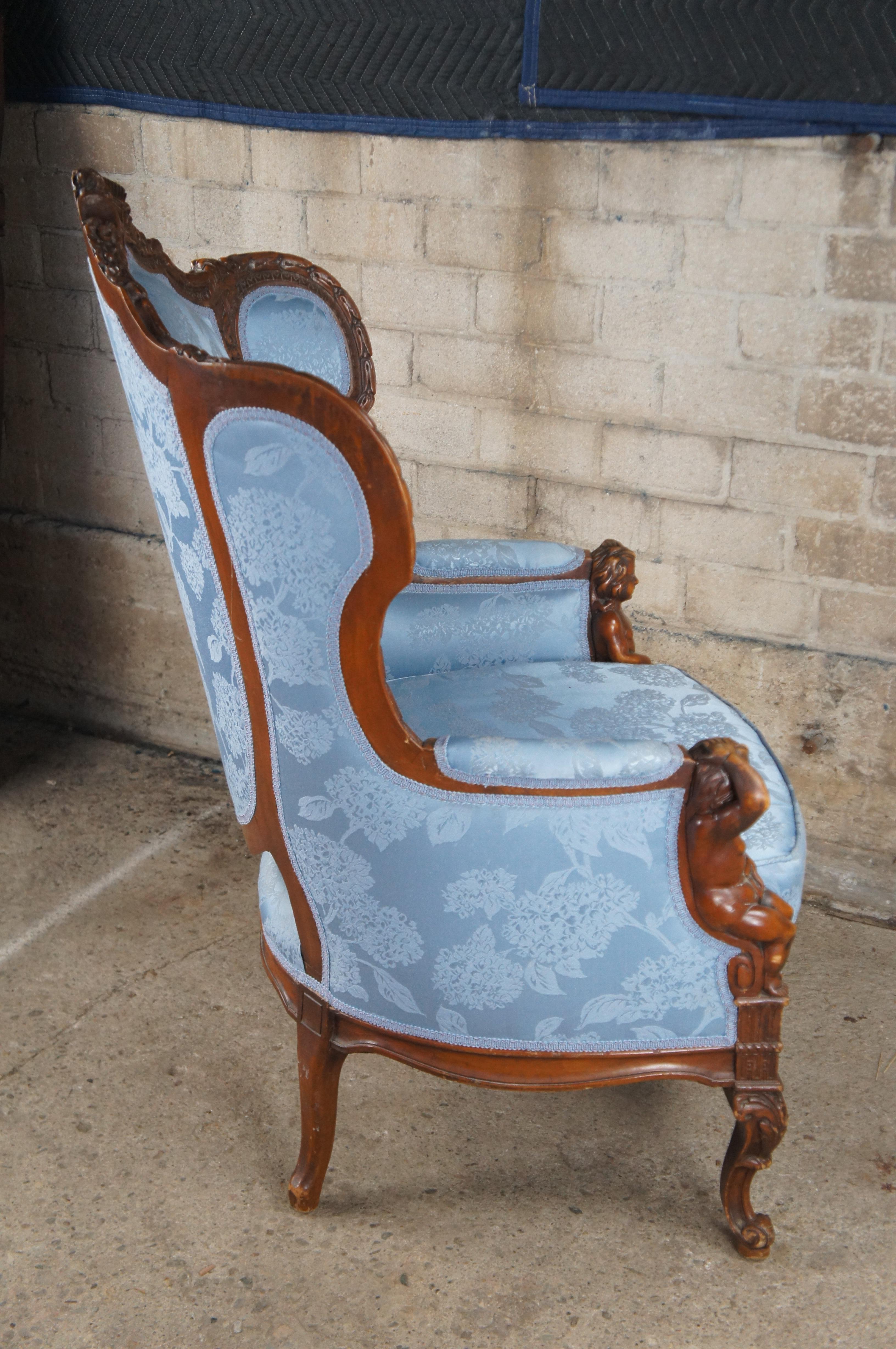 Antique French Louis XVI Style Figural Carved Walnut Bergere Wingback Arm Chair For Sale 5