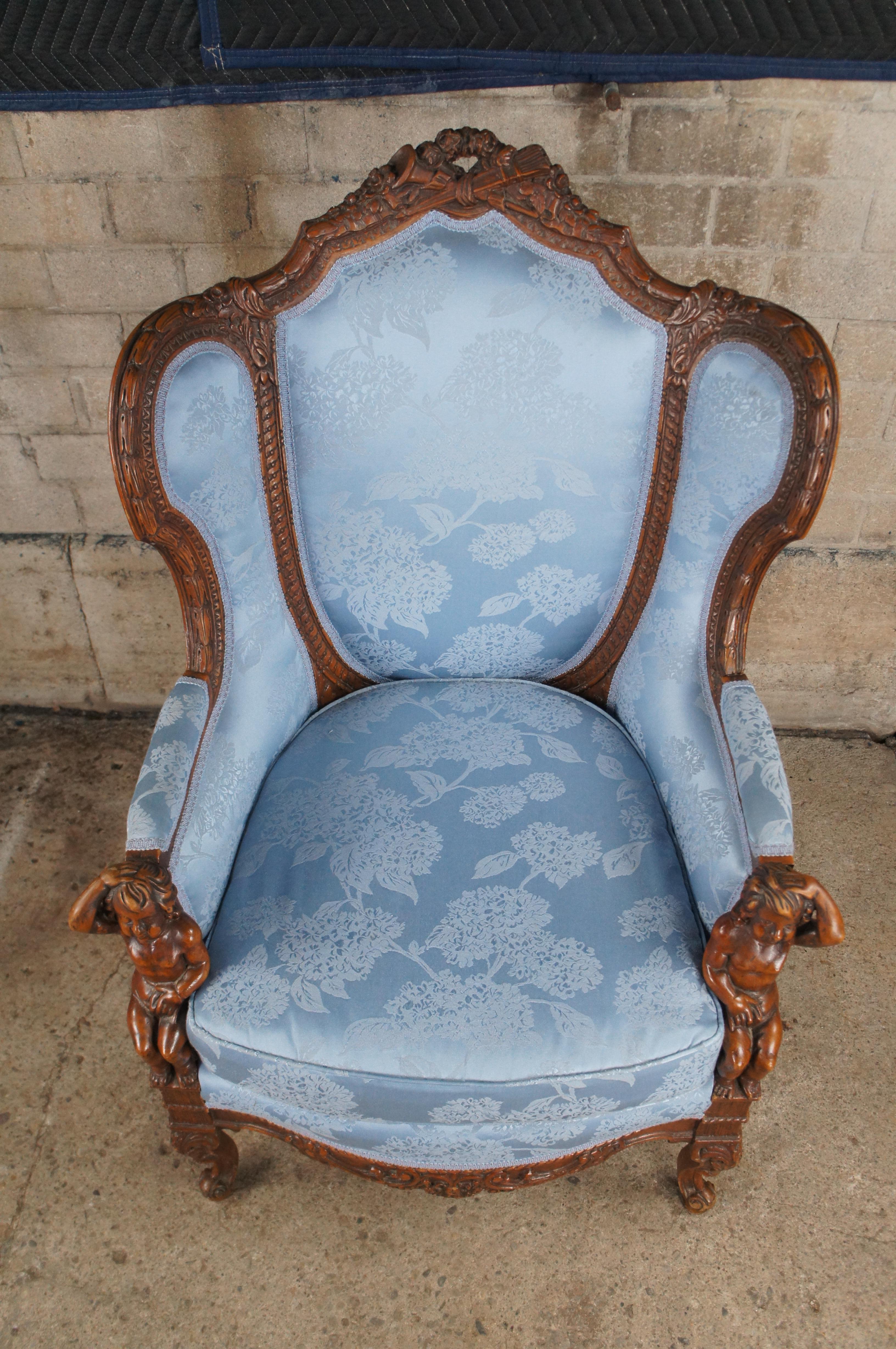 20th Century Antique French Louis XVI Style Figural Carved Walnut Bergere Wingback Arm Chair For Sale