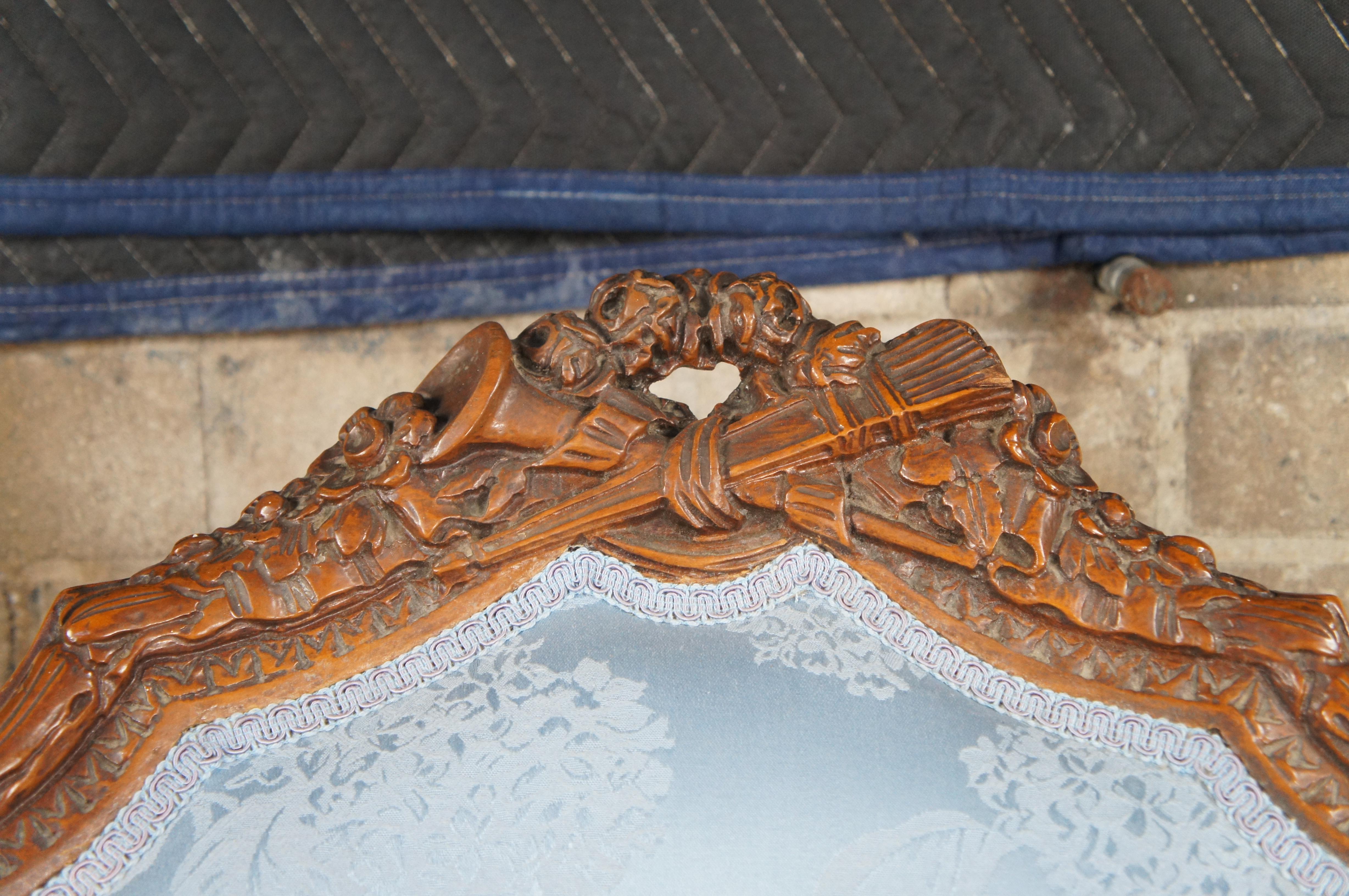 Fabric Antique French Louis XVI Style Figural Carved Walnut Bergere Wingback Arm Chair For Sale
