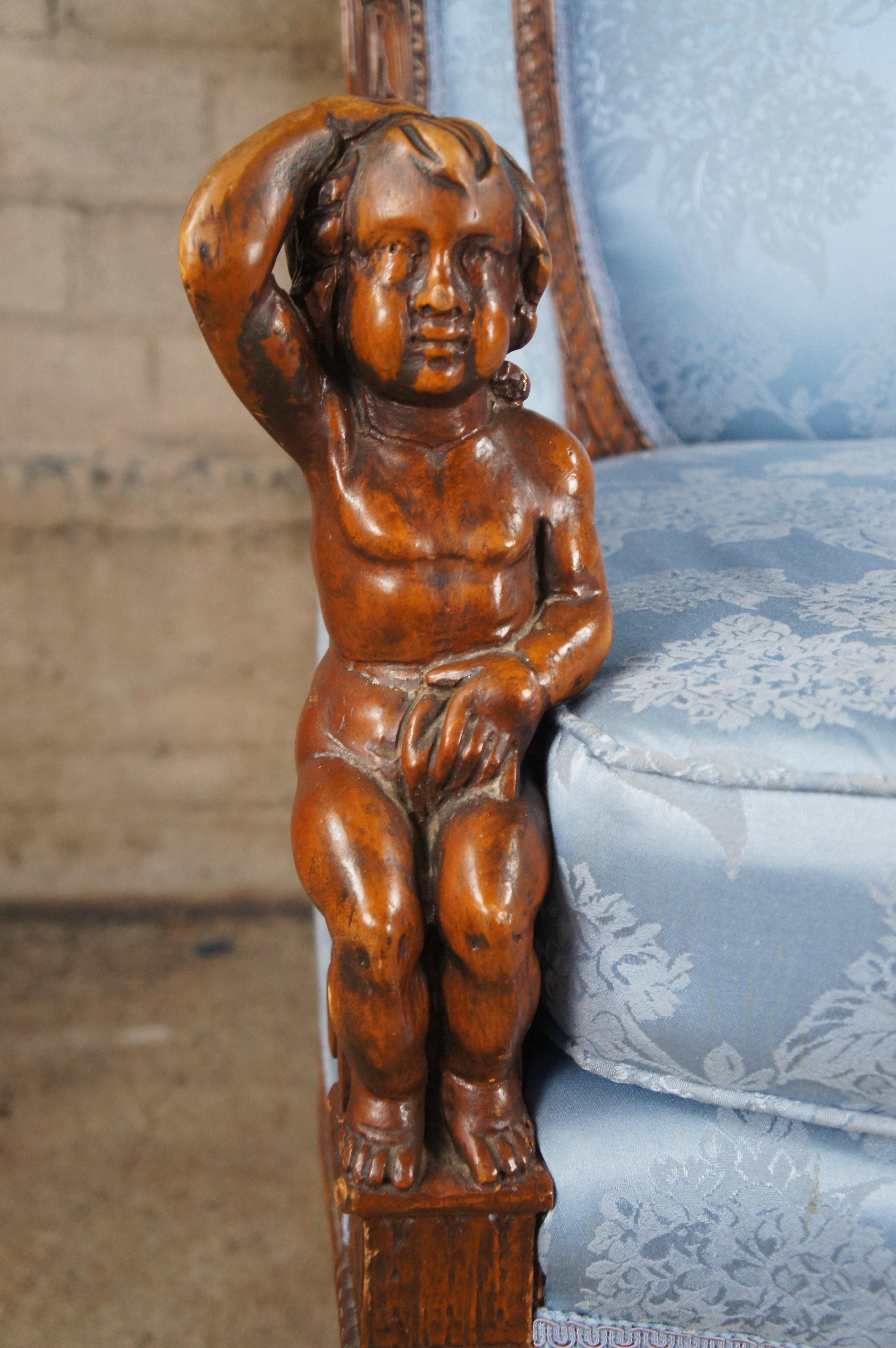 Antique French Louis XVI Style Figural Carved Walnut Bergere Wingback Arm Chair For Sale 1
