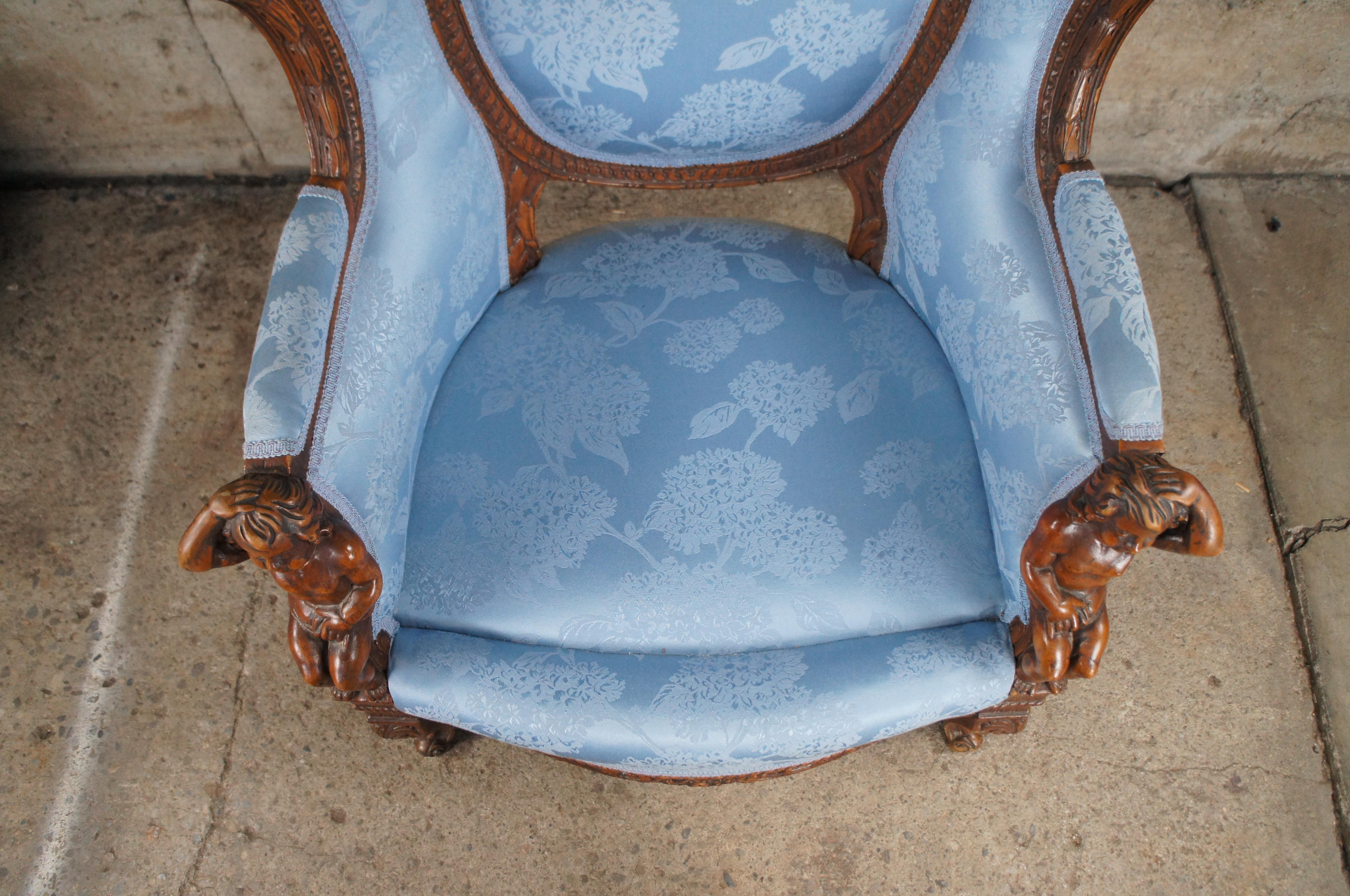 Antique French Louis XVI Style Figural Carved Walnut Bergere Wingback Arm Chair For Sale 2